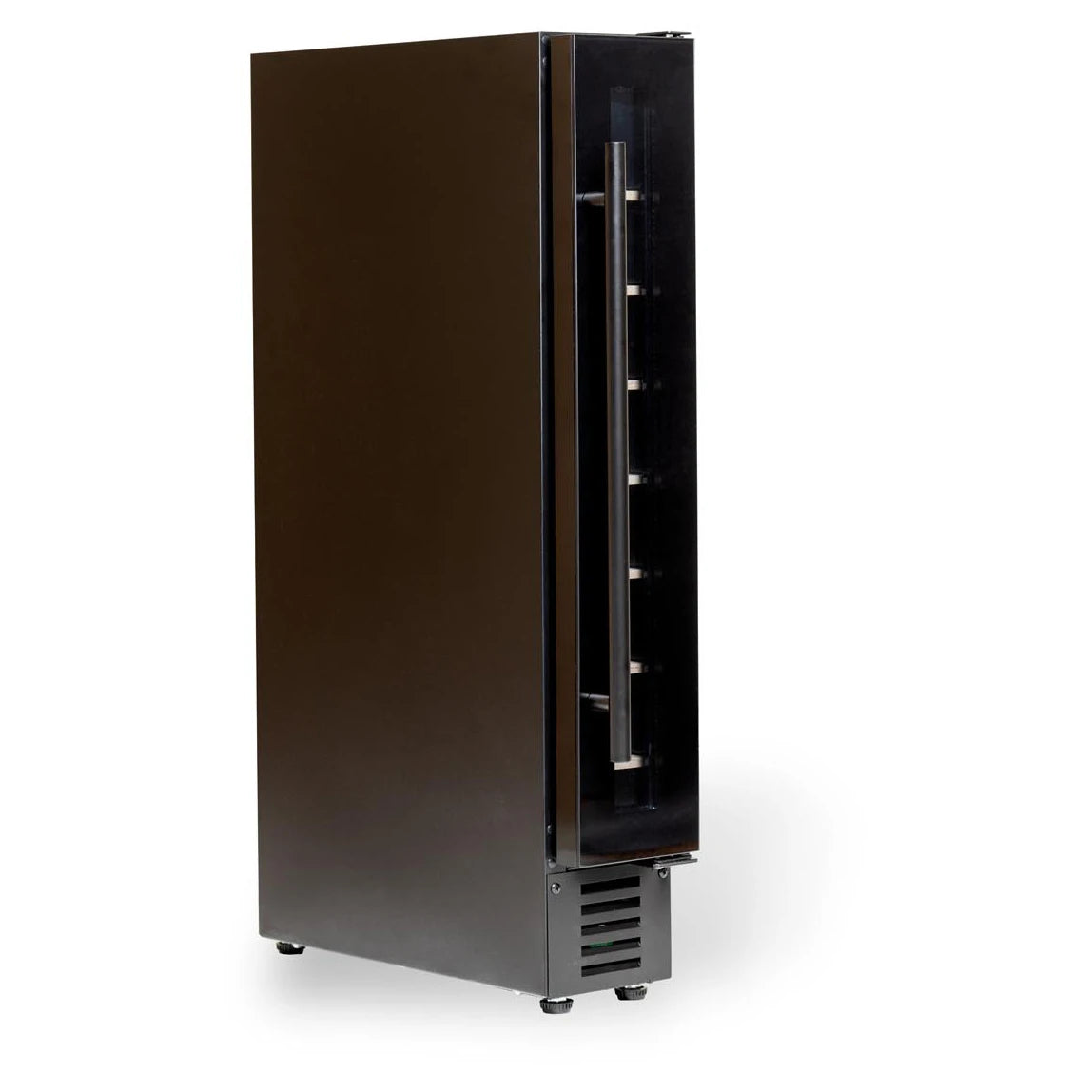 Vista lateral en ángulo de la vinoteca Vinobox 7 Design Black para 7 botellas con puerta cerrada, diseño compacto y acabado negro mate.