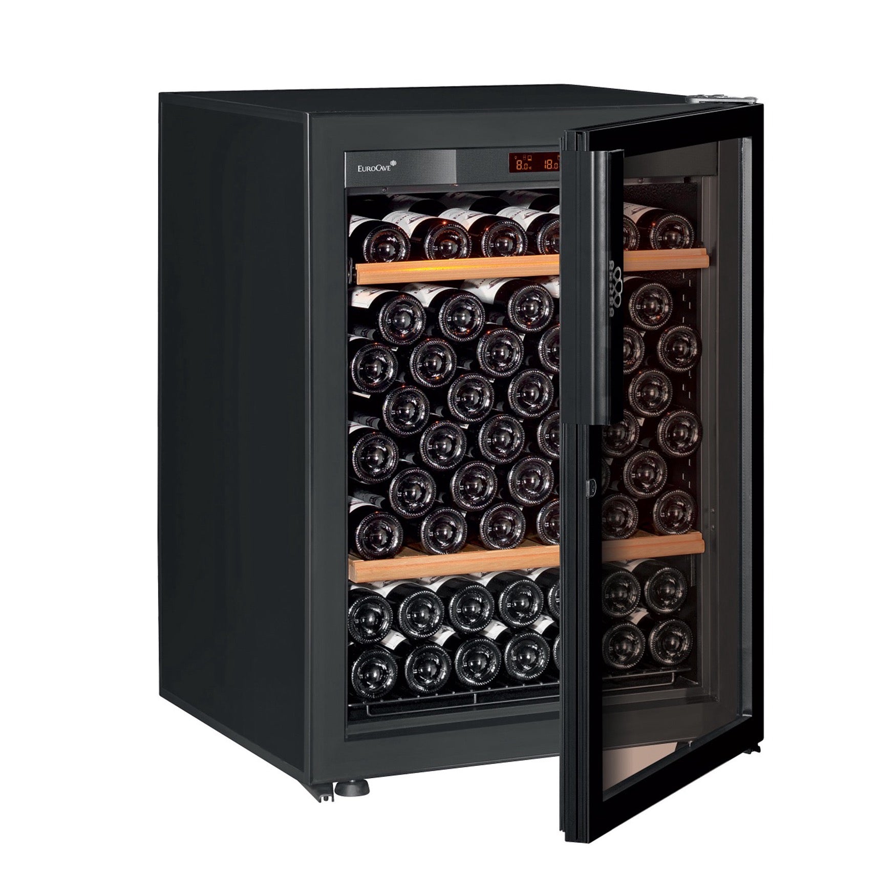 Vinoteca 74 botellas EuroCave Pure SFG5 Multitemperatura Full Glass lateral puerta abierta