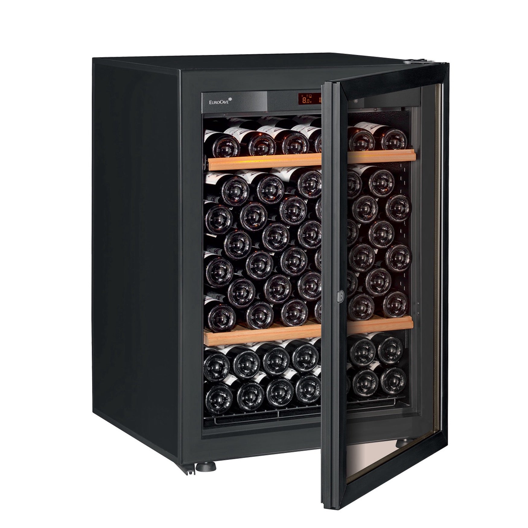 Vinoteca 74 botellas EuroCave Pure SV5 Multitemperatura Glass puerta semiabierta llena