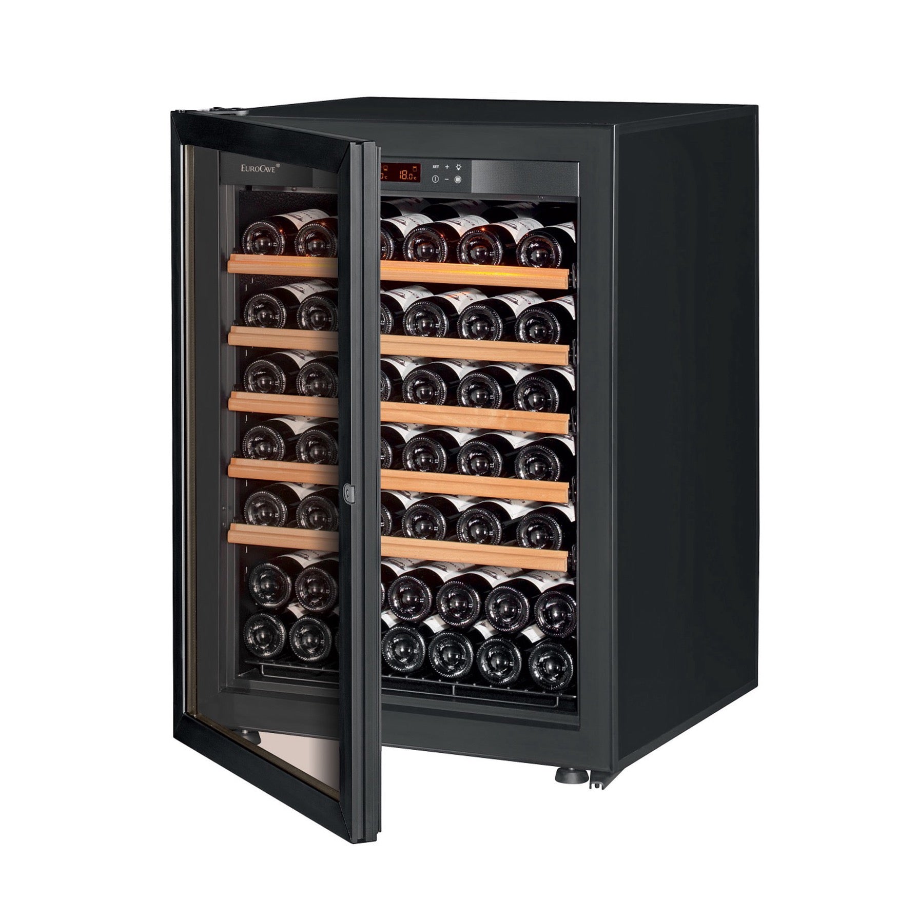 Vinoteca 74 botellas EuroCave Pure SV5 Multitemperatura Glass puerta semiabierta llena