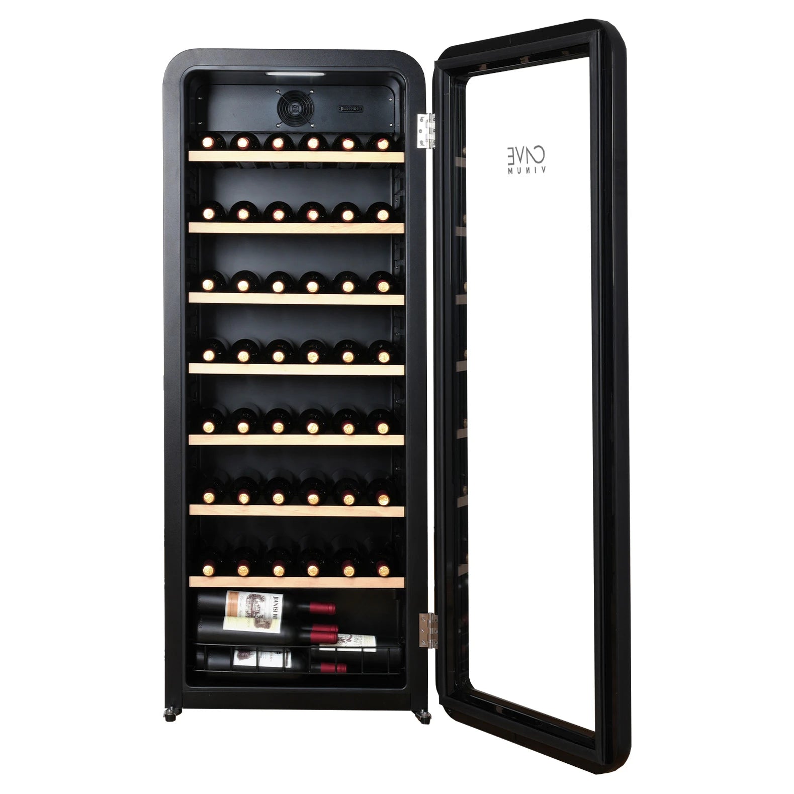 Vinoteca Cavevinum CV-76 con puerta abierta, equipada con múltiples estantes de madera llenos de botellas de vino, diseño en negro.