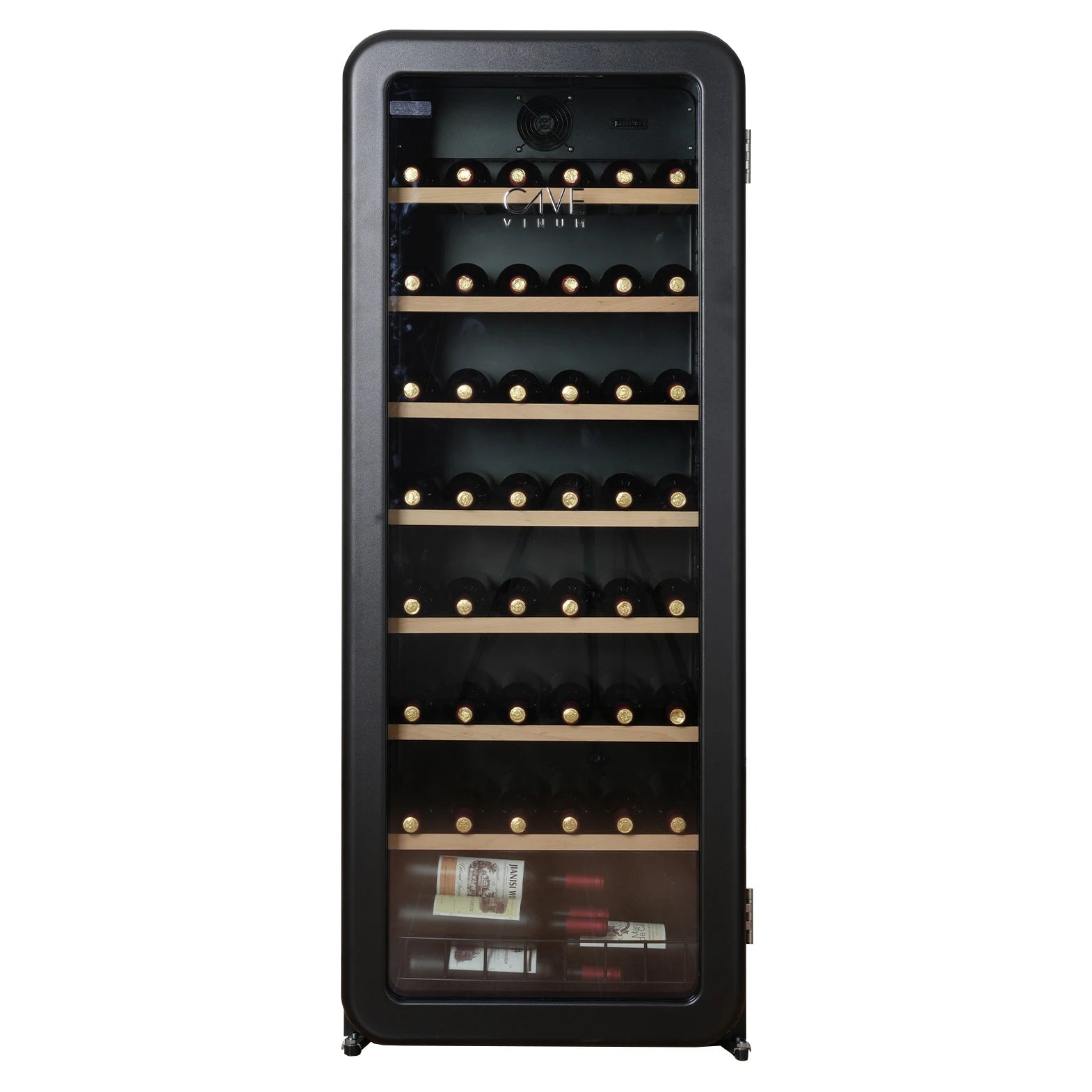 Vinoteca Cavevinum CV-76 con puerta de vidrio cerrada, estantes de madera visibles y botellas de vino organizadas en su interior.