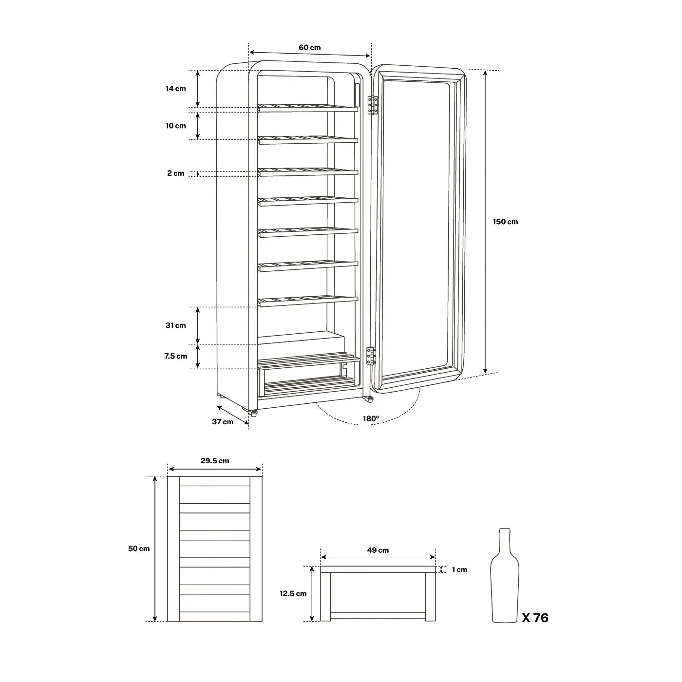Dibujo técnico de vinoteca CV-76 mostrando medidas externas e internas, estantes, apertura de puerta de 180° y capacidad para 76 botellas.