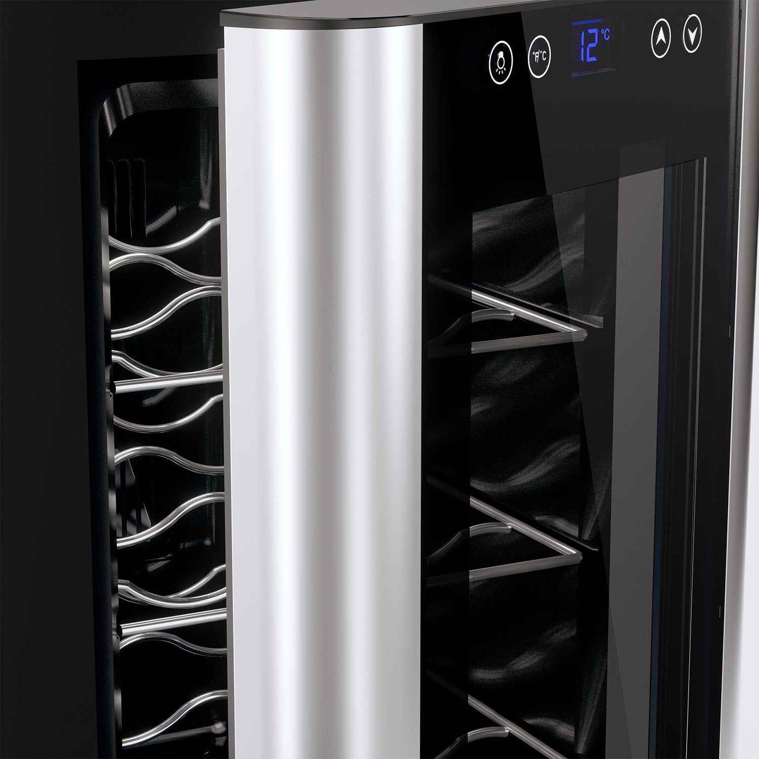 Detalle lateral de vinoteca moderna con panel frontal negro brillante, controles táctiles iluminados y estantes metálicos visibles con la puerta entreabierta.