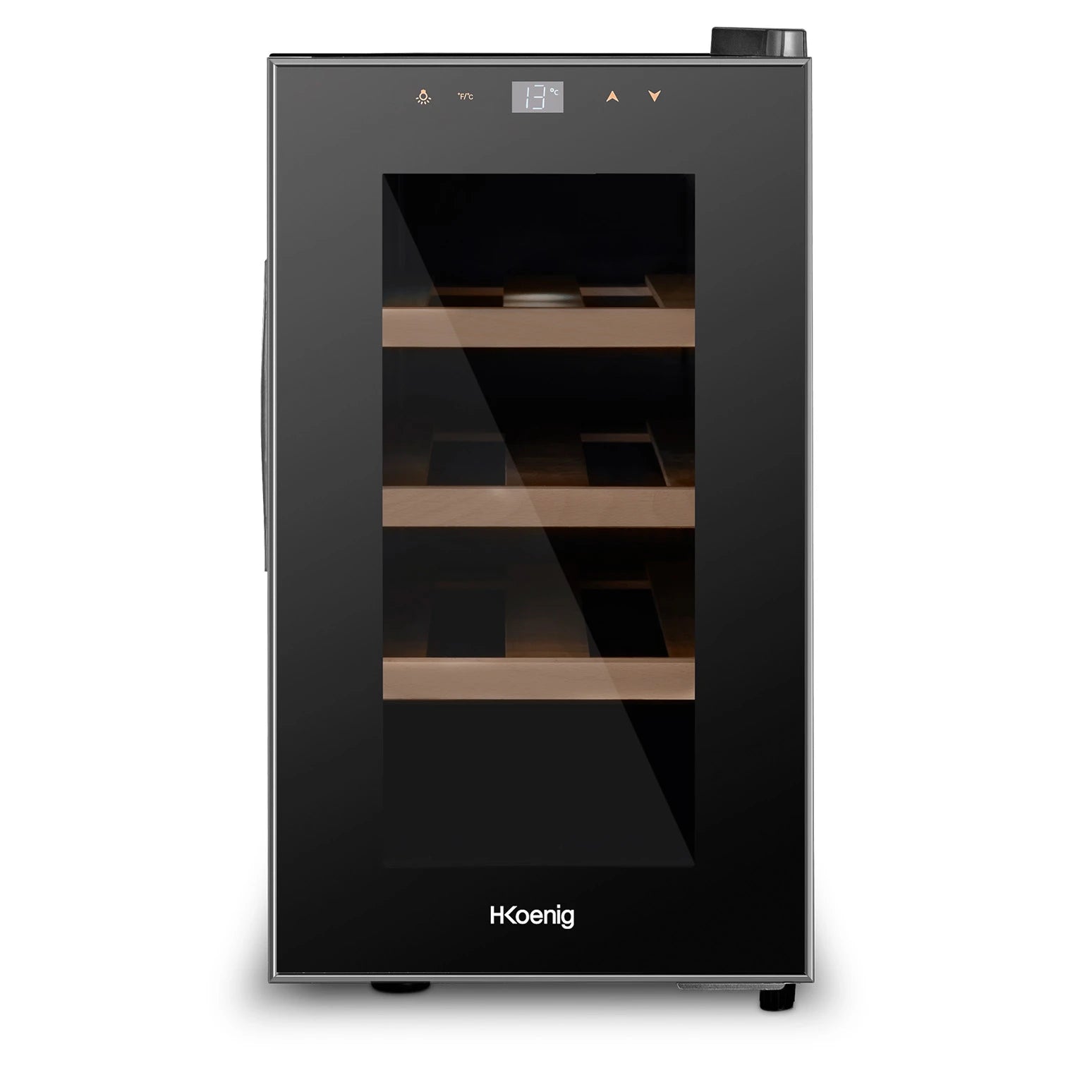 Vinoteca H.Koenig AGE8 de 8 botellas, libre instalación, vista frontal del modelo negro con puerta de cristal.