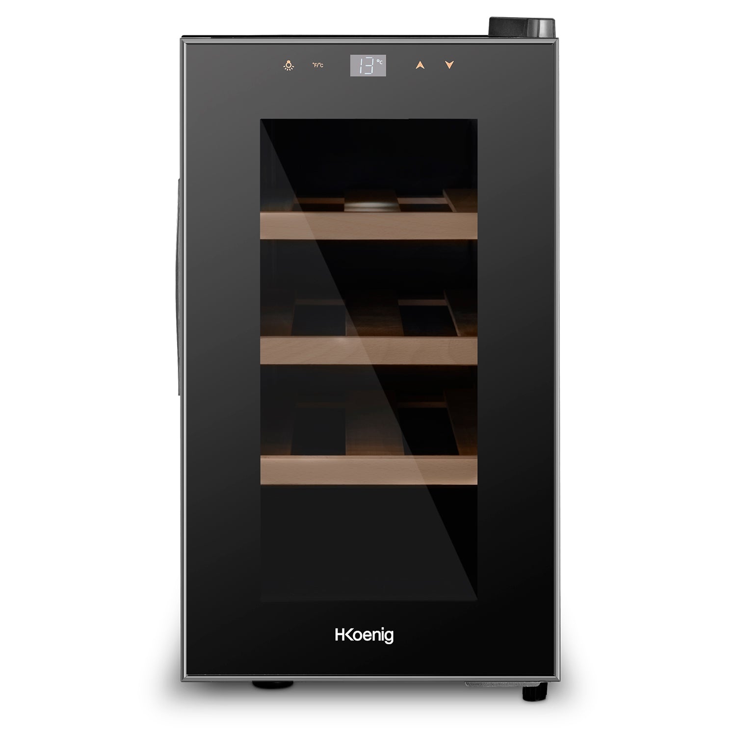 Vinoteca H.Koenig AGE8 de 8 botellas, con diseño compacto en color negro, puerta de vidrio con panel táctil y tres estantes de madera visibles en su interior.