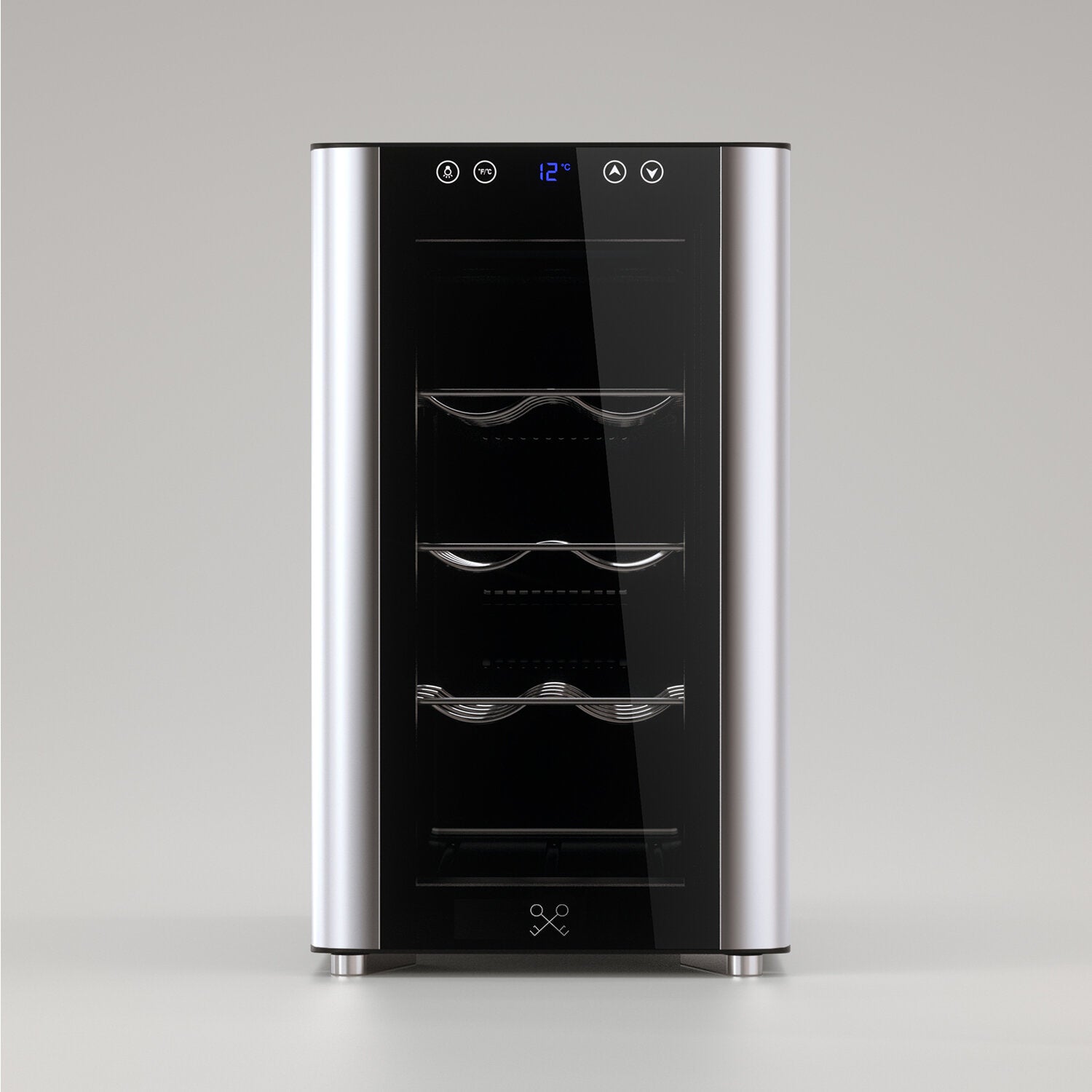 Vinoteca Les Petits Champs CAVS8 con puerta de cristal negro, estantes metálicos curvos y pantalla digital iluminada a 12 °C, sobre fondo gris neutro.