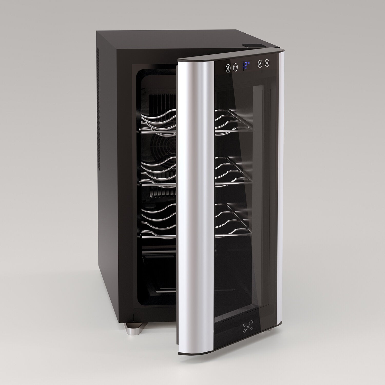 Vinoteca de 8 botellas con estructura negra y laterales metálicos, puerta abierta en ángulo y estanterías internas curvas a la vista.