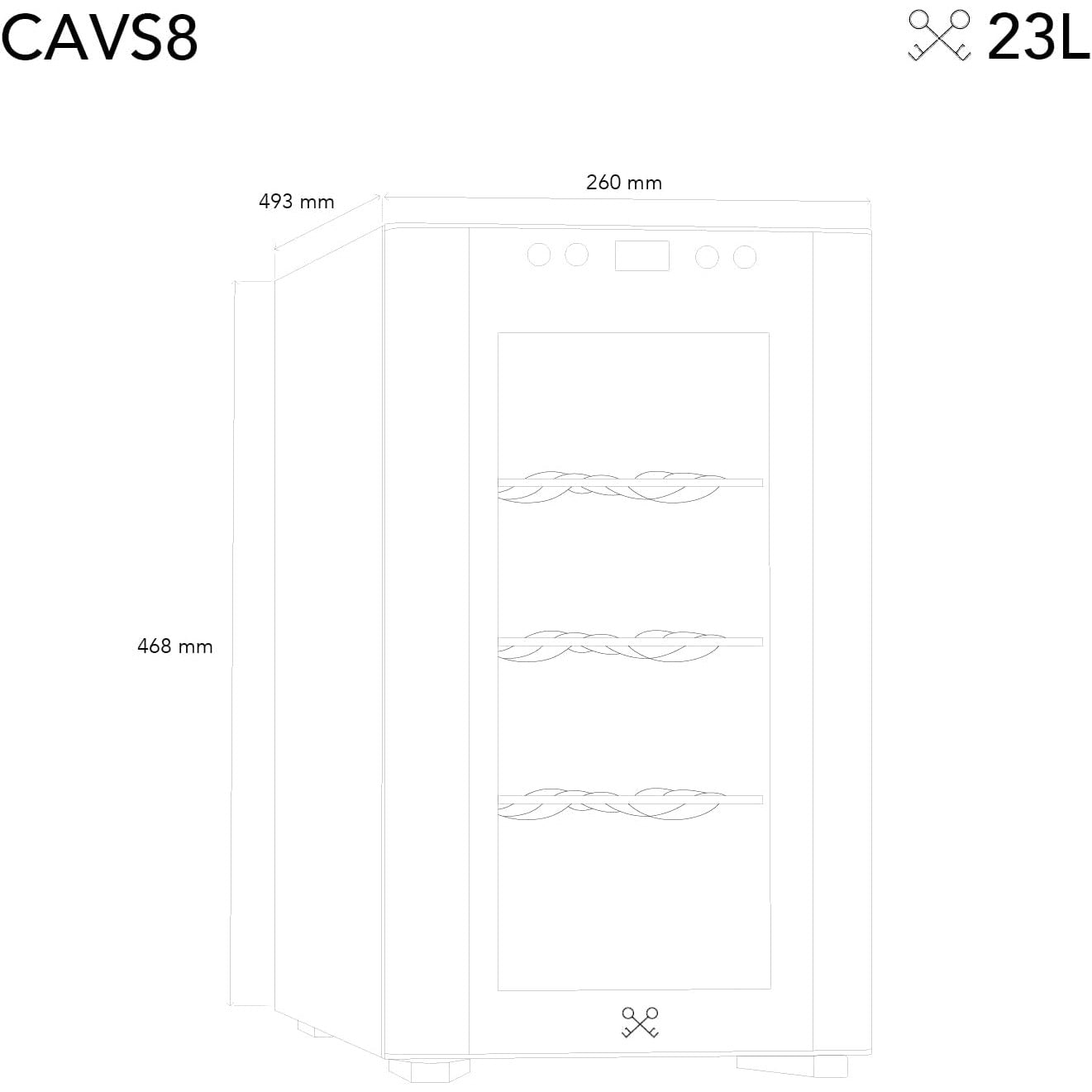 Dibujo técnico de la vinoteca Les Petits Champs CAVS8 que muestra tres estantes internos y dimensiones exteriores: 260 mm de ancho, 493 mm de profundidad y 468 mm de altura.