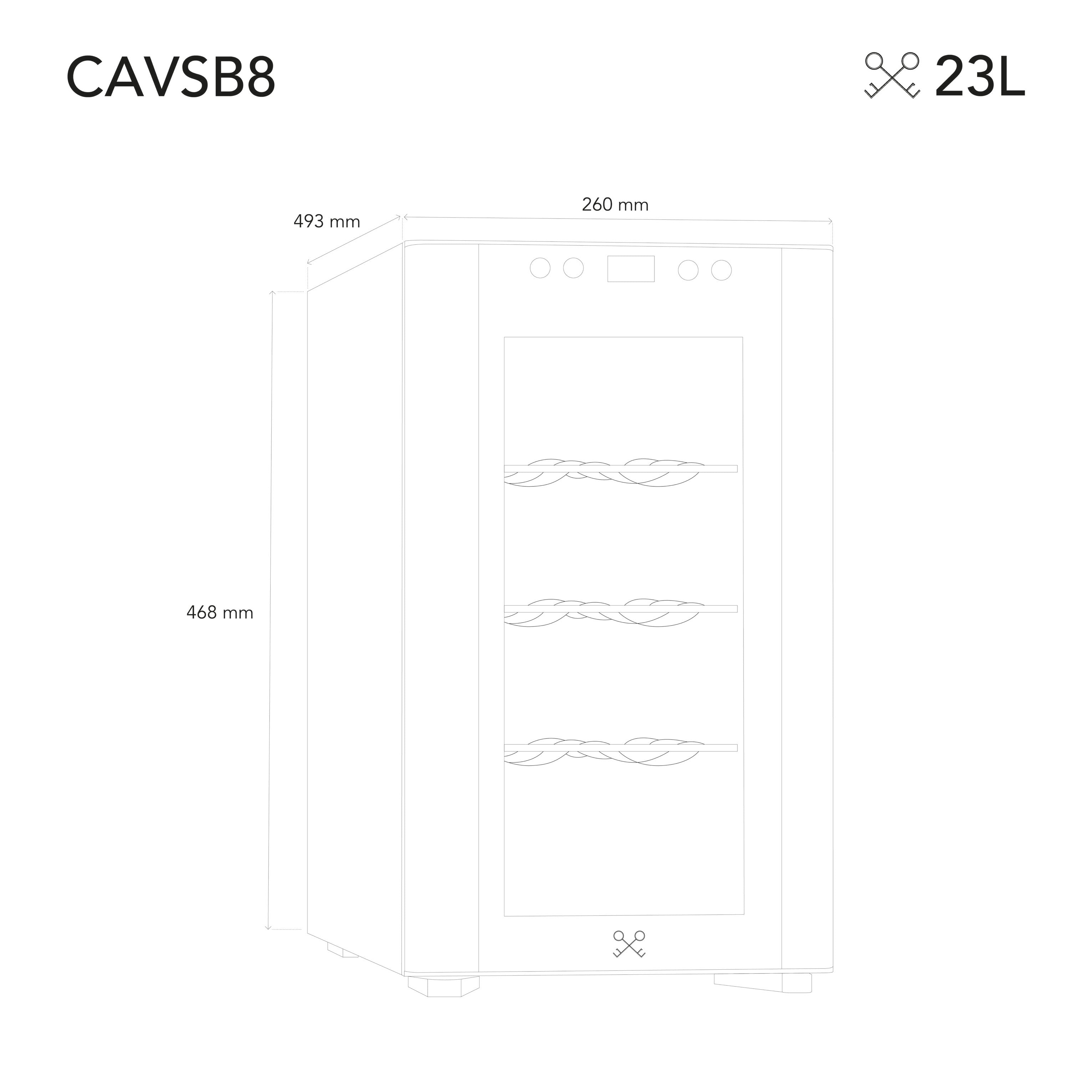 Esquema técnico de la vinoteca Les Petits Champs CAVSB8 con dimensiones: 493 mm de profundidad, 468 mm de altura y 260 mm de ancho, capacidad de 23 litros.