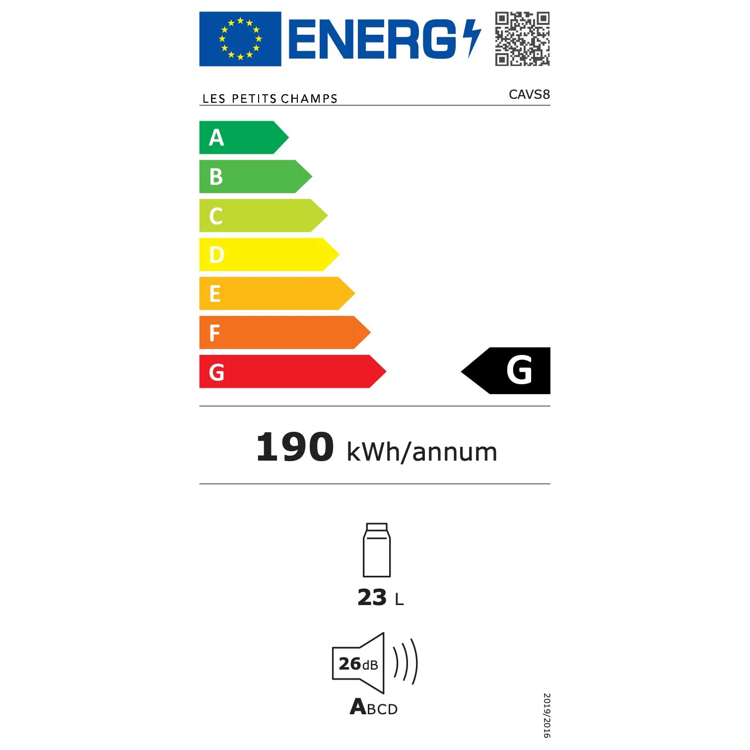 Etiqueta energética de la vinoteca Les Petits Champs CAVSB8 con clasificación G, consumo de 190 kWh al año, capacidad de 23 litros y nivel sonoro de 26 decibelios.