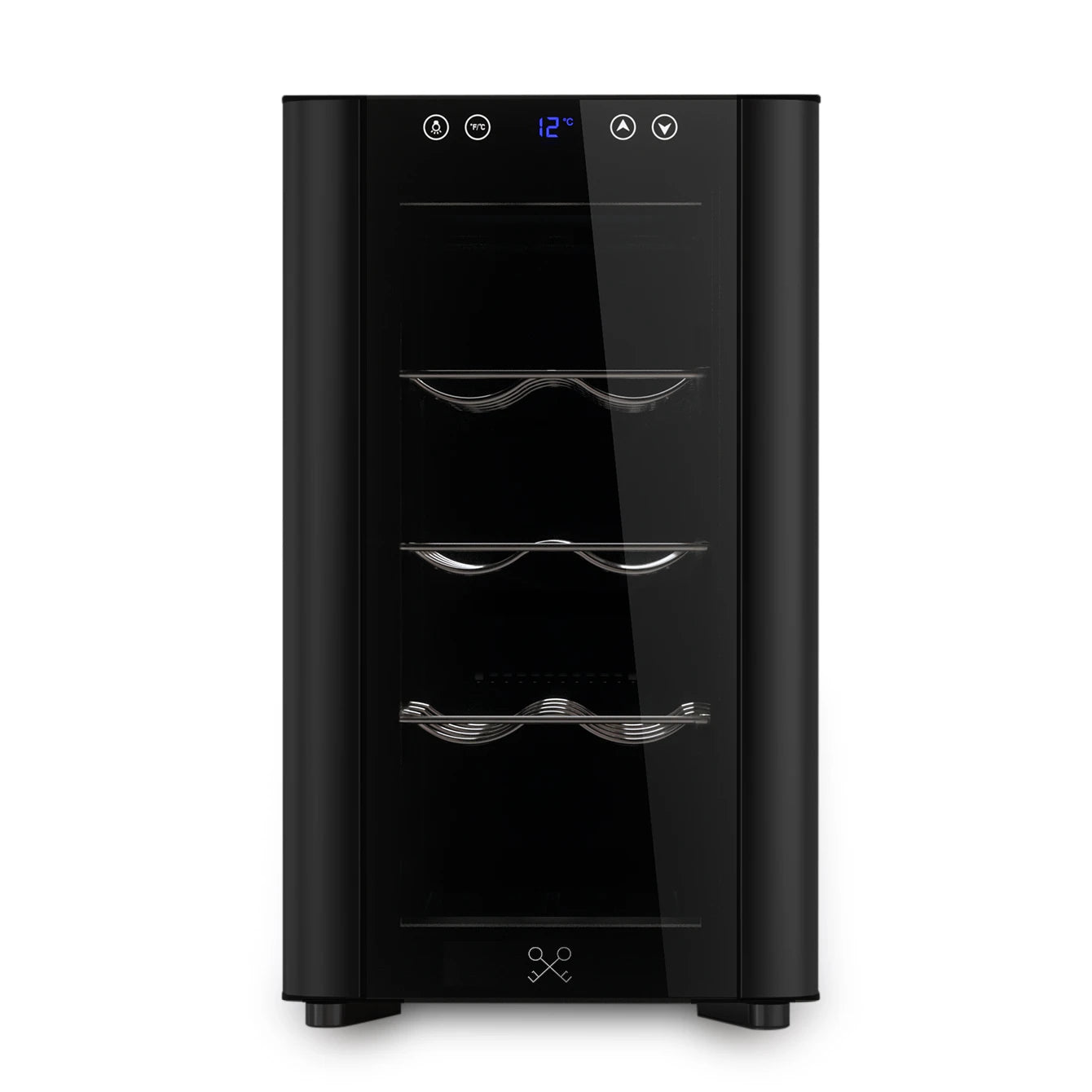 Vinoteca Les Petits Champs CAVSB8, de diseño vertical en color negro, con pantalla LED azul y botones táctiles en la parte superior.