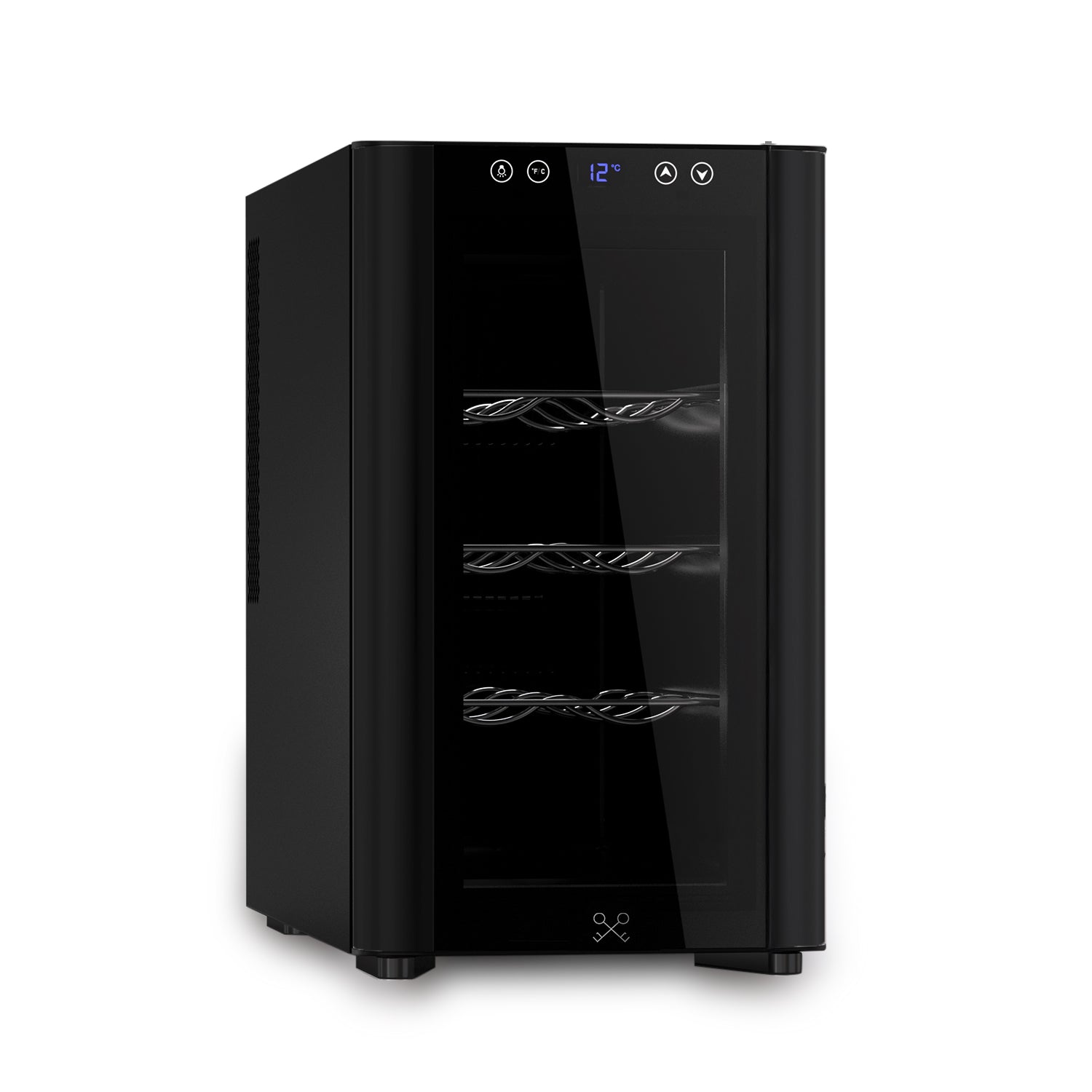 Enfriador de vinos compacto Les Petits Champs CAVSB8 visto de perfil, con acabado negro brillante, puerta de vidrio y controles digitales superiores.