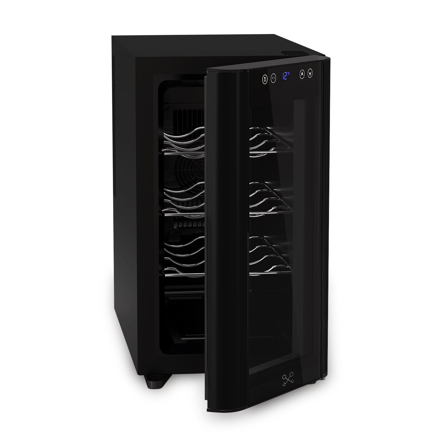 Vinoteca Les Petits Champs CAVSB8 con puerta acristalada abierta, mostrando interior espacioso con estructura metálica para colocar botellas de vino.