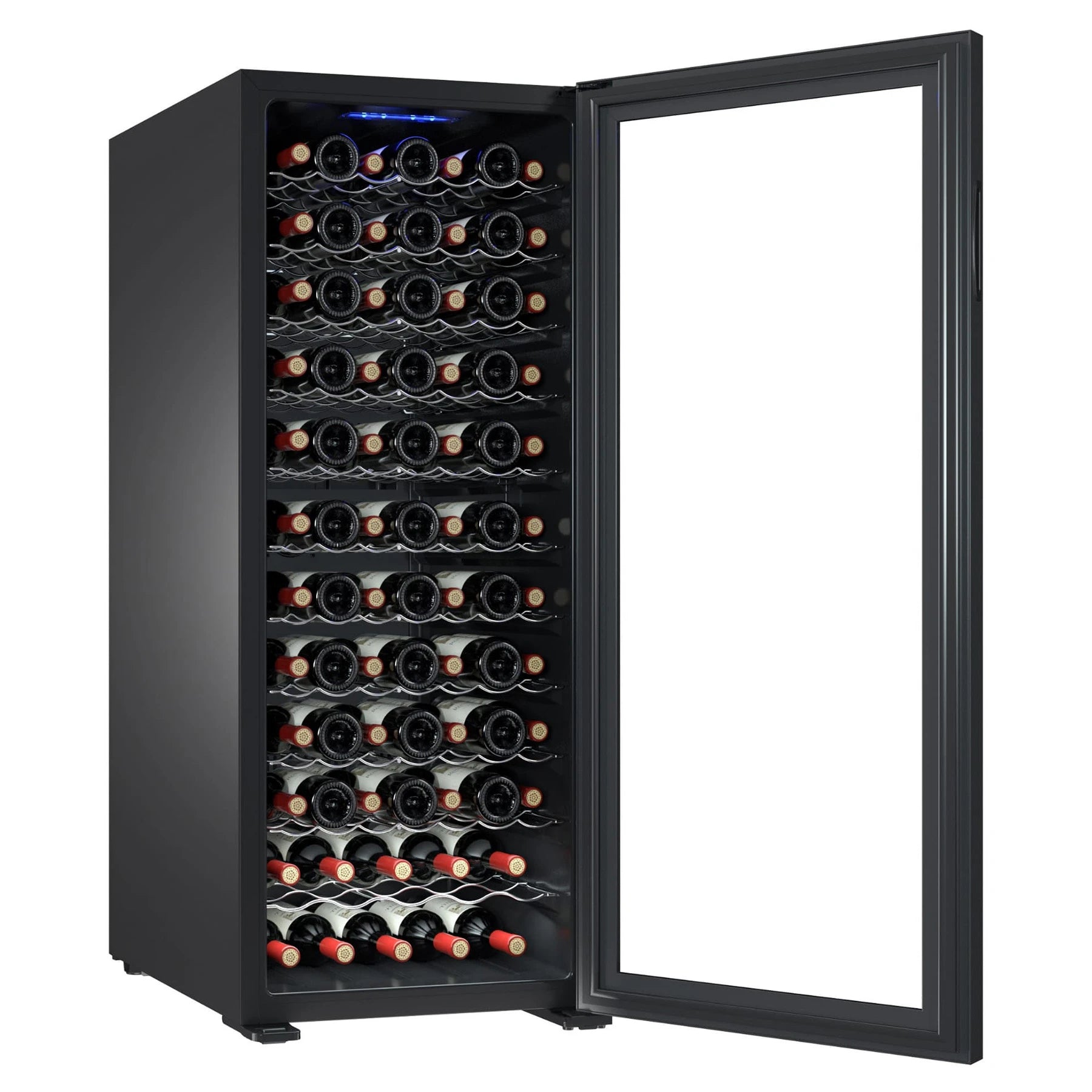 Cavanova CV080CNM, vinoteca de 80 botellas, vista con puerta abierta e interior con bandejas metálicas.
