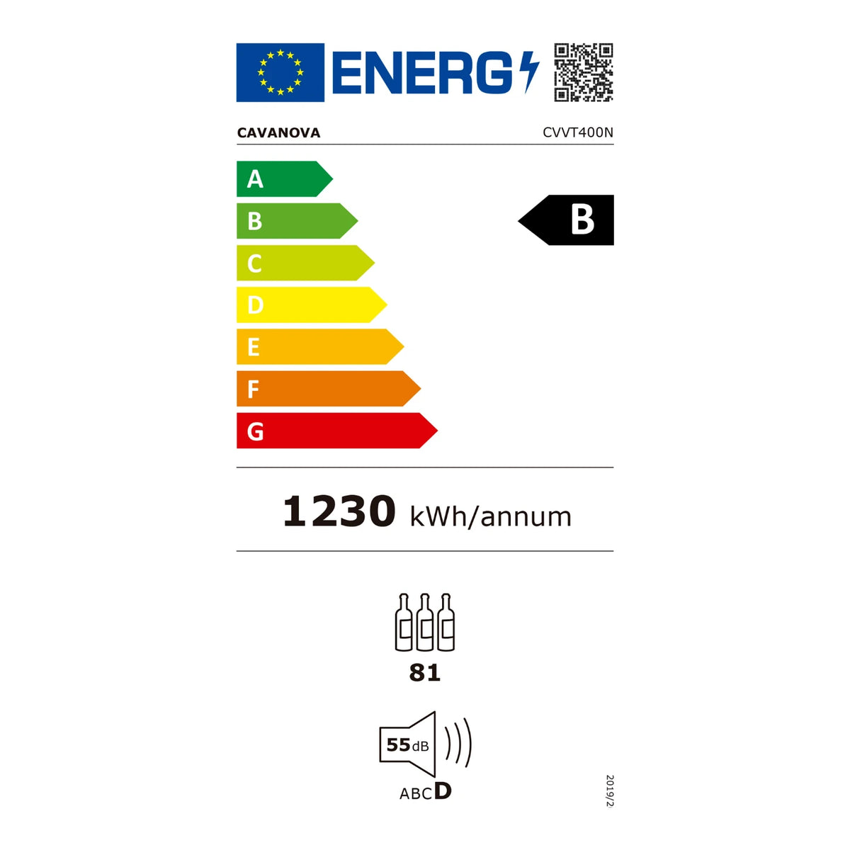 Energy label of the Cavanova CVVT400 wine cooler, class B.