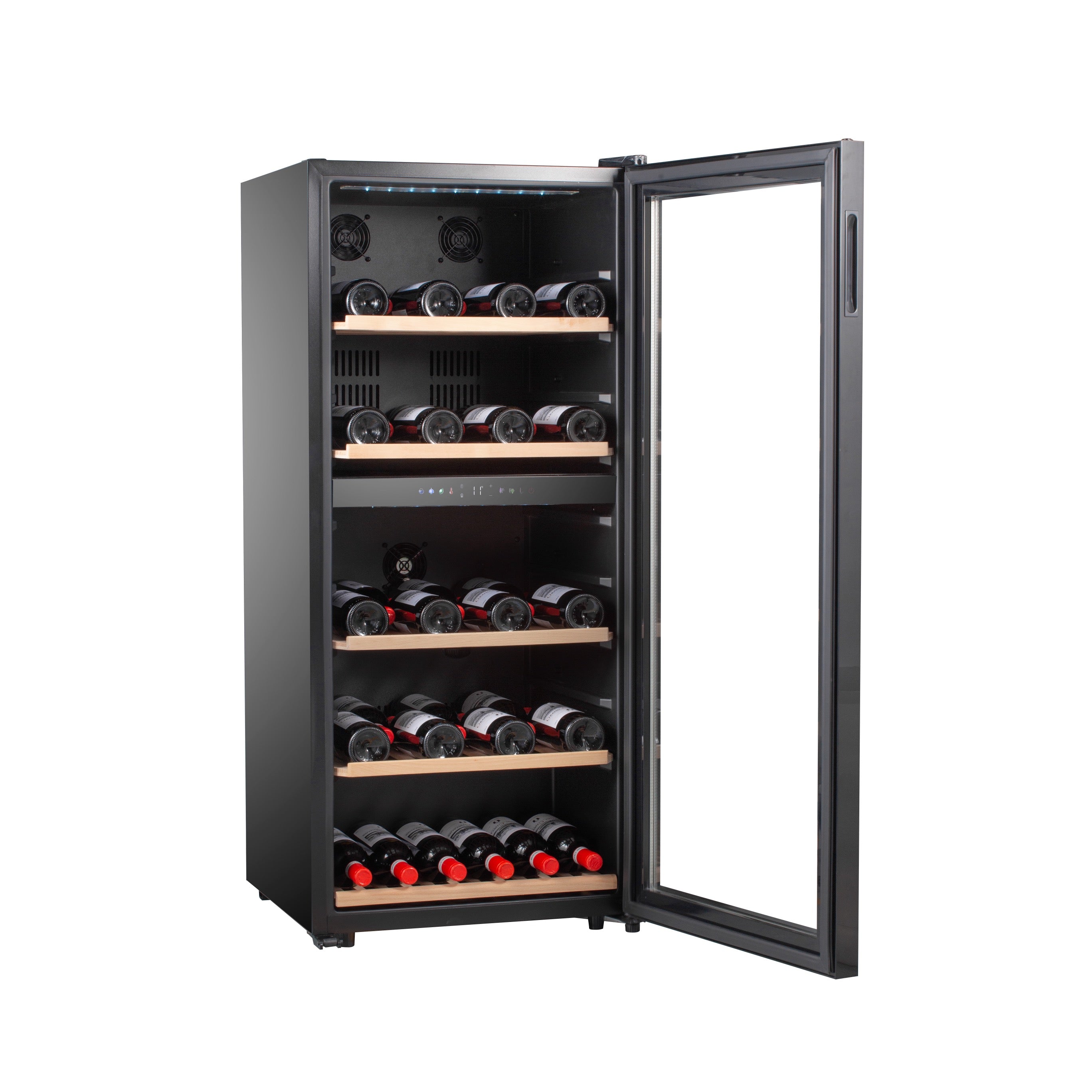 Vinoteca doble zona 91 botellas Caviss C291CBEG lateral llena con botellas puerta abierta