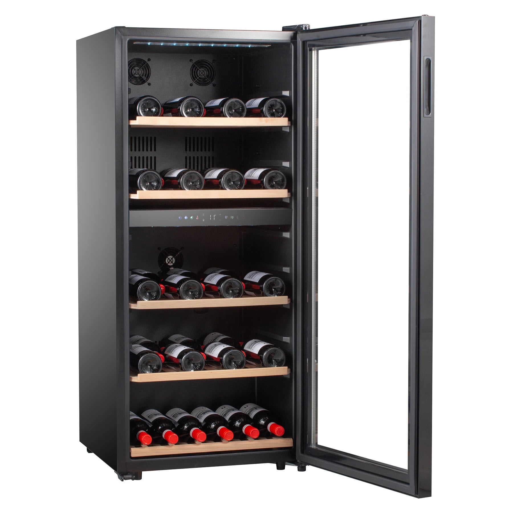 Caviss C291CBEG, vinoteca doble zona con botellas visibles en estantes de madera.