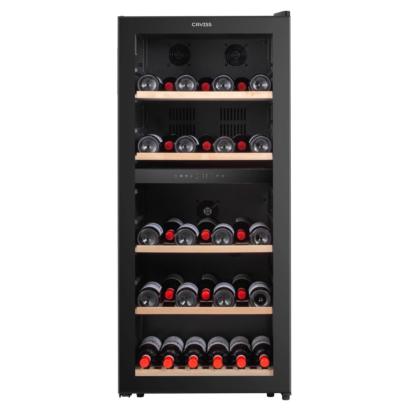 Vinoteca Caviss C291CBEG de 91 botellas, doble zona, libre instalación, vista frontal del modelo negro.