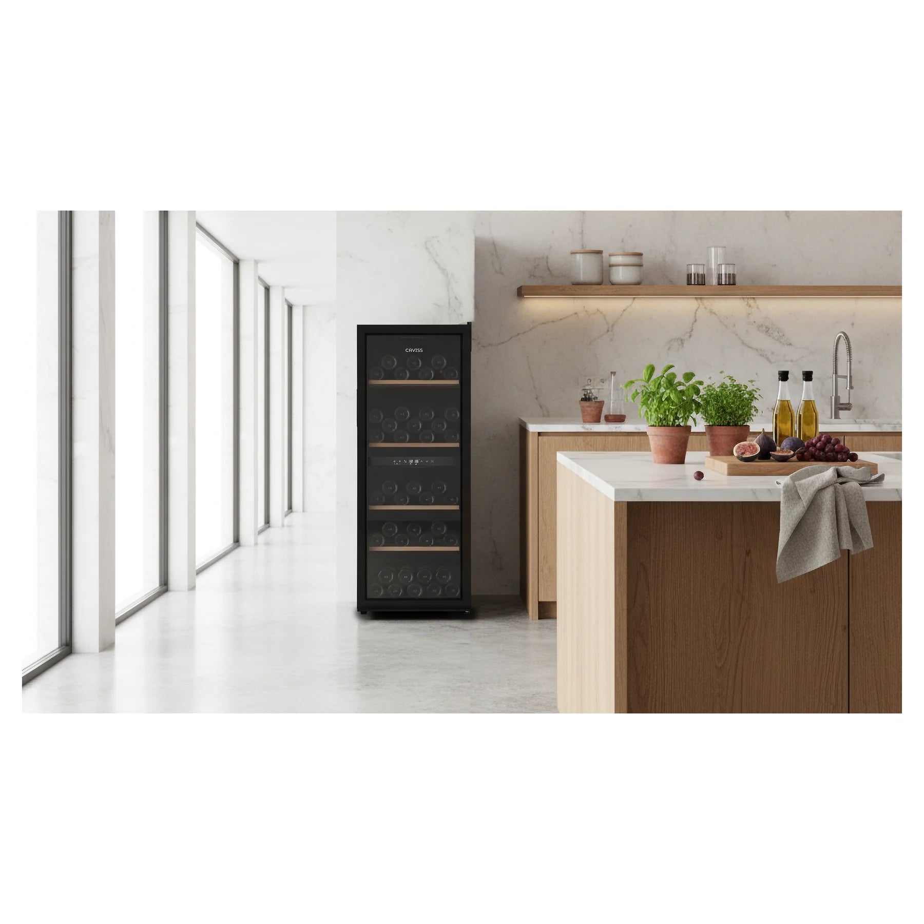 Vinoteca Caviss CT2PL91CB junto a una isla de cocina