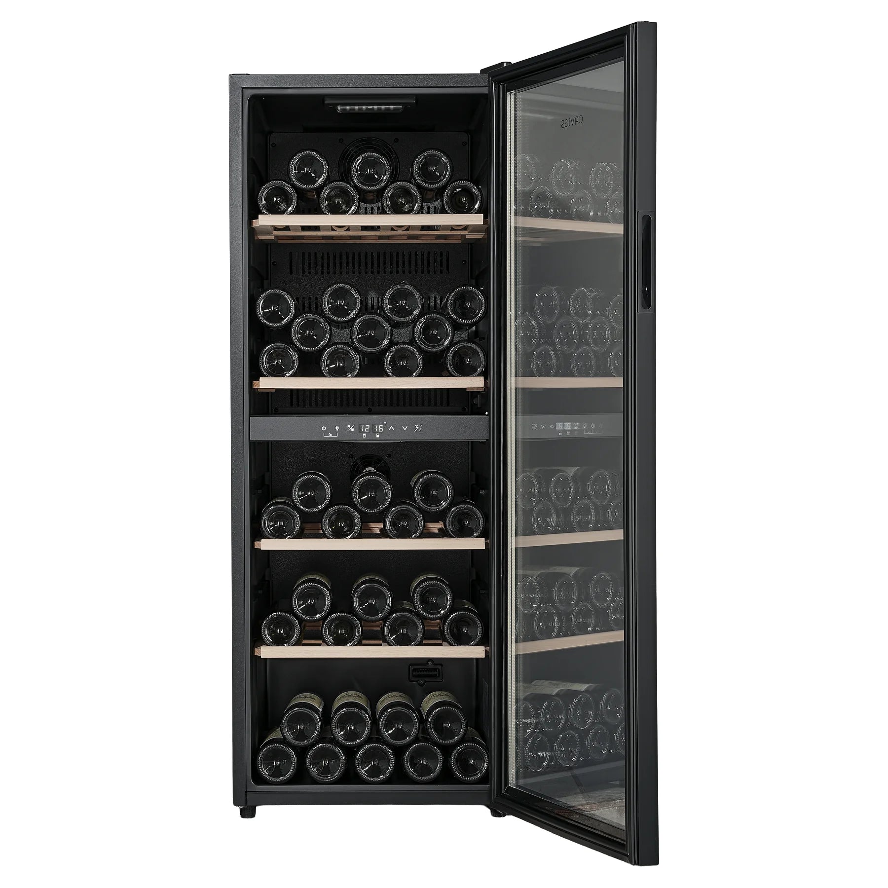 Vinoteca Caviss CT2PL91CB abierta con las dos zonas llenas de botellas