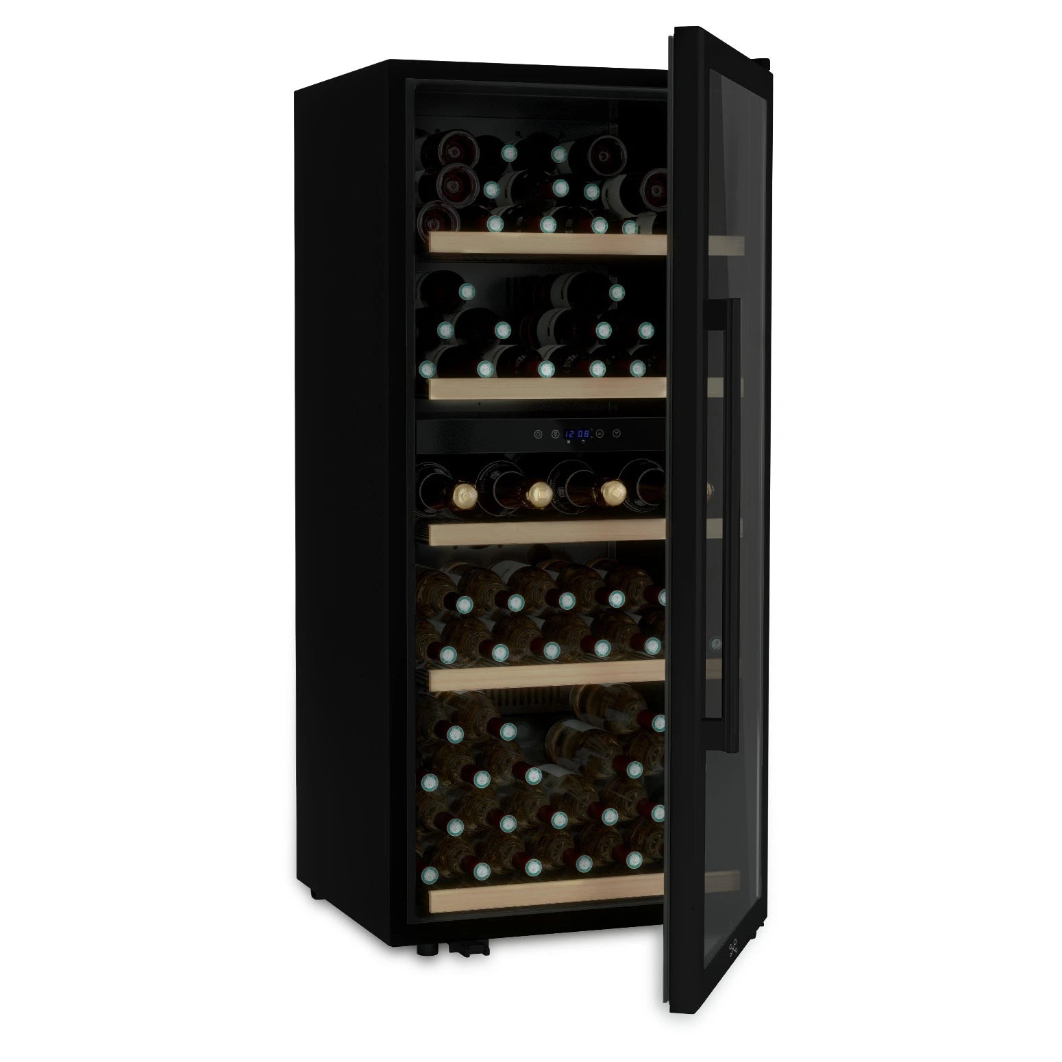 Vinoteca 91 botellas Les Petits Champs CAVCDB91 vista lateral con puerta abierta y llena de botellas de vino