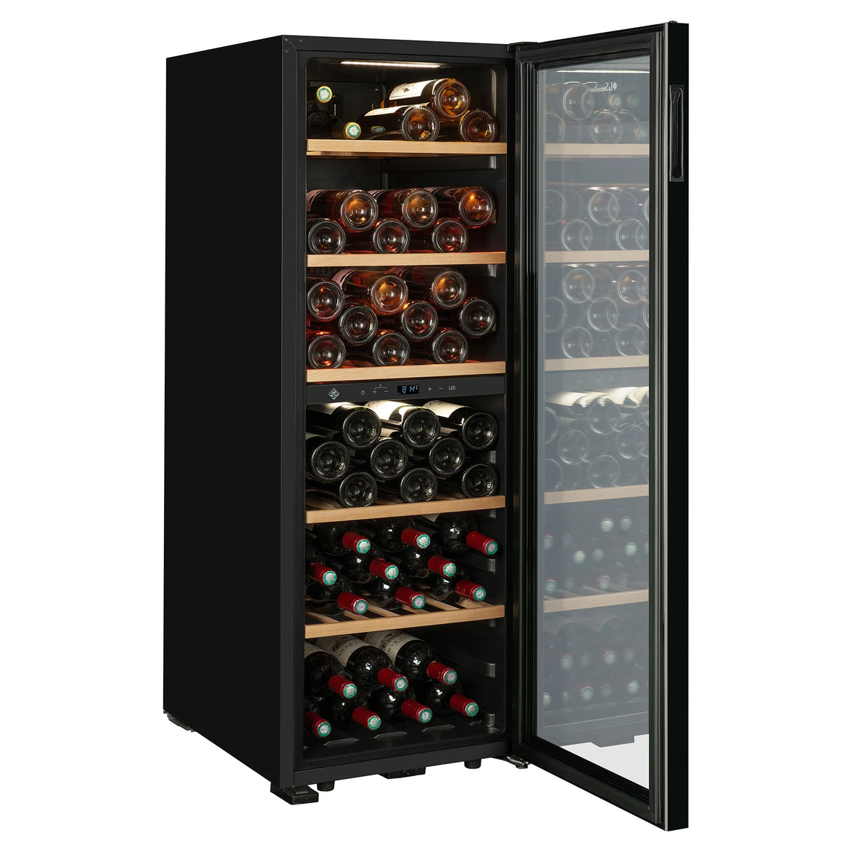 Vinoteca La Sommelière SMART95DZ vista lateral con la puerta abierta y llena de botellas