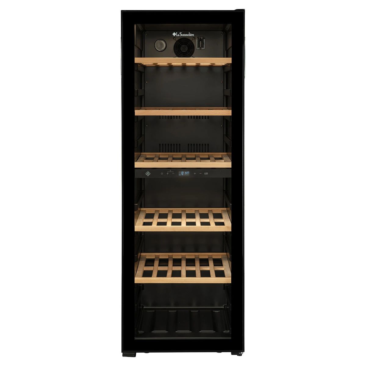 Vinoteca La Sommelière SMART95DZ vista frontal con la puerta cerrada y bandejas de madera vacías