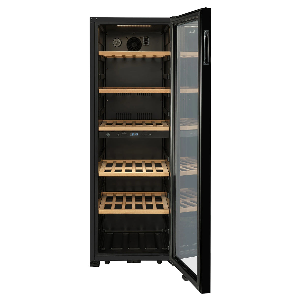 Vinoteca La Sommelière SMART95DZ vista frontal con la puerta abierta y bandejas de madera vacías