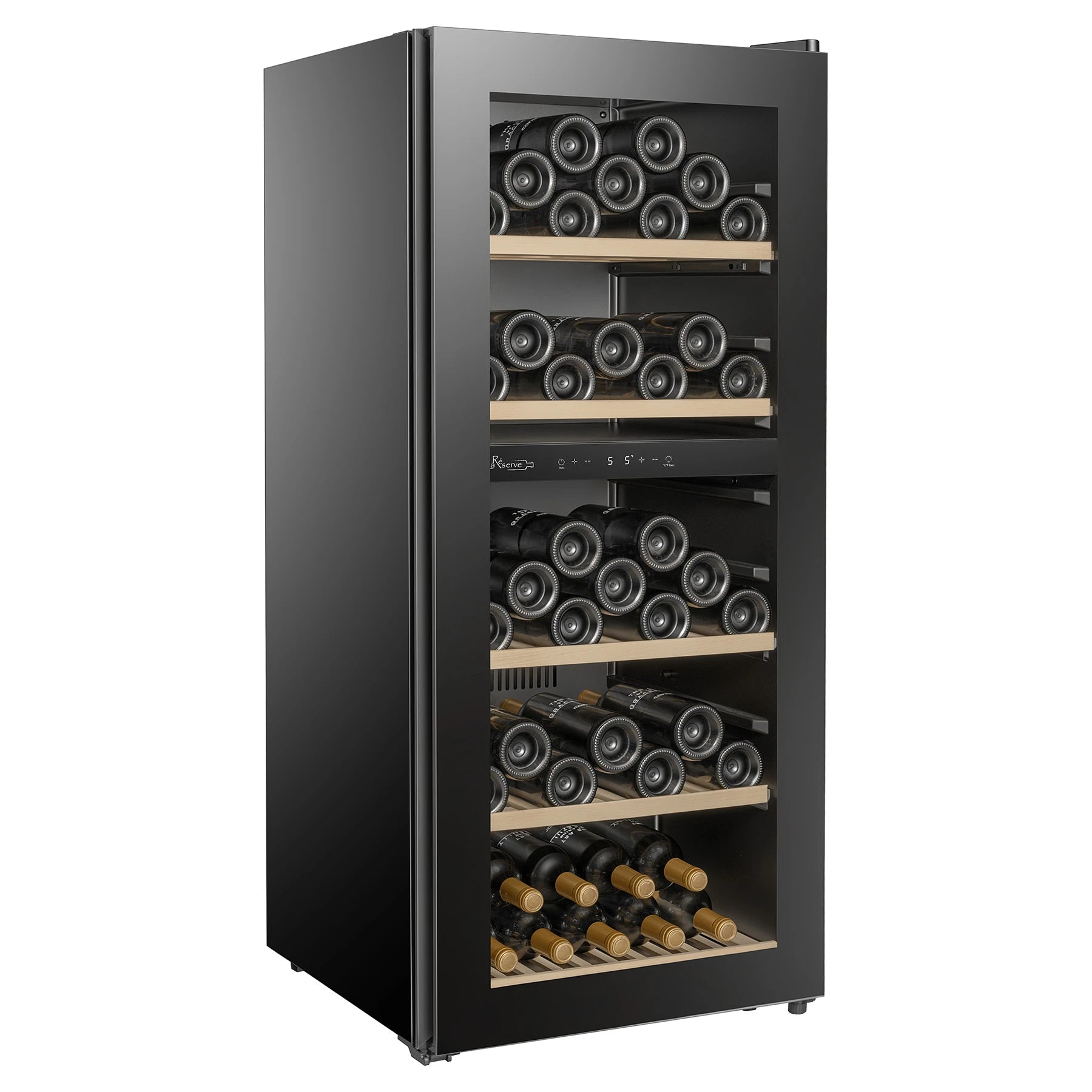 Interior de la vinoteca La Réserve RWC296FN1 con 5 estantes de madera para botellas