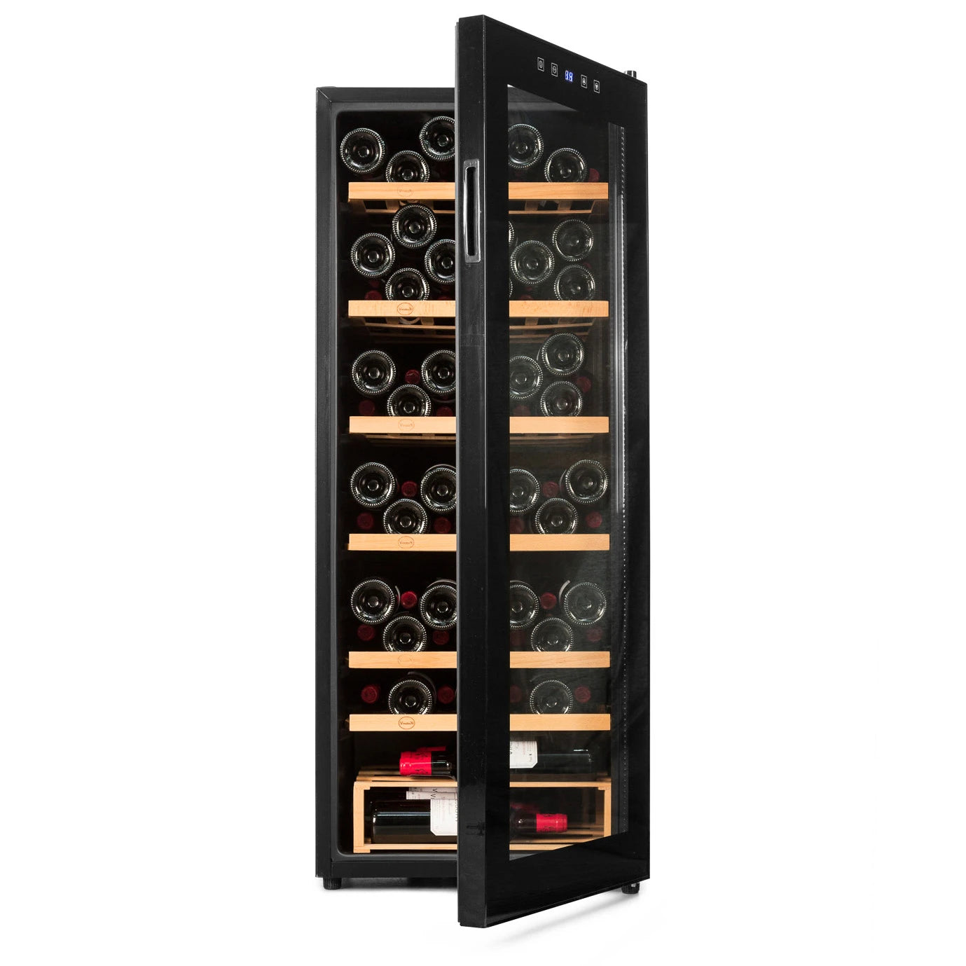 Vinoteca Vinobox V96 Pro con puerta abierta, baldas de madera y capacidad para 96 botellas.