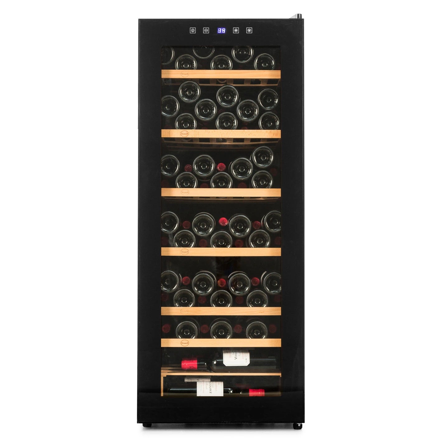 Vinoteca Vinobox V96 Pro de 96 botellas con puerta de cristal cerrada y acabado negro con marco inox.