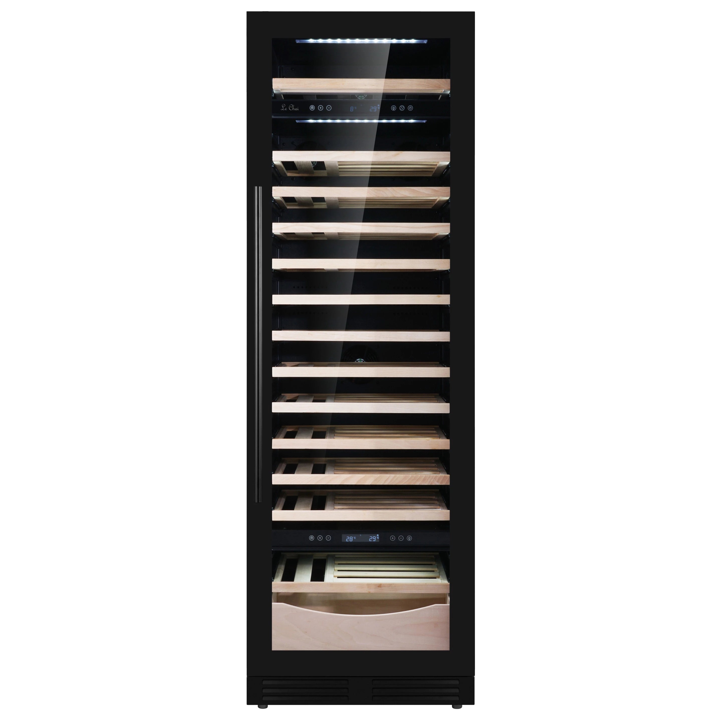 Vista frontal de la vinoteca Le Chai LTN990S vacía, con estantes de madera claramente visibles, puerta de cristal y panel de control digital para triple zona de temperatura, iluminada con luces LED.