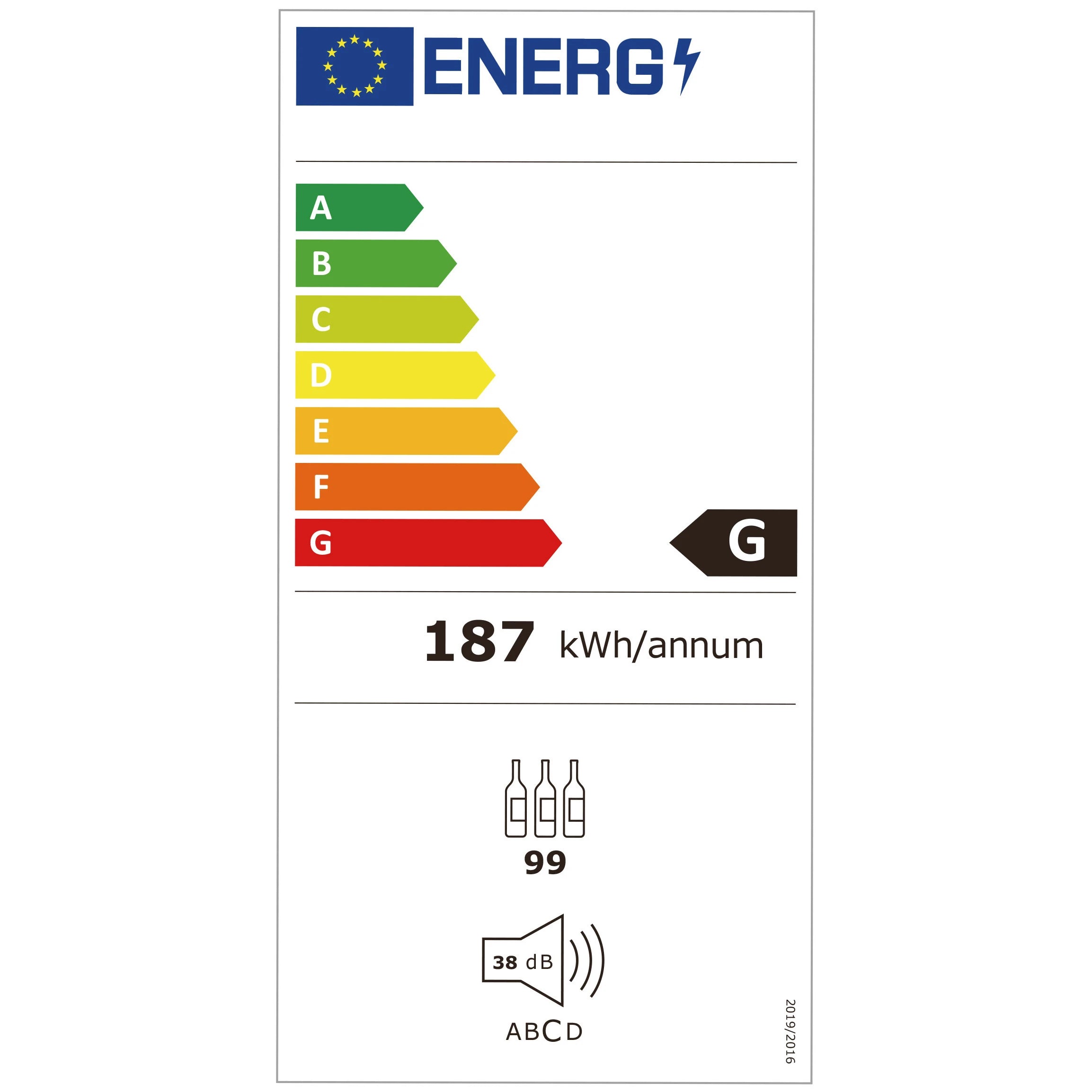 Etiqueta energética de la vinoteca Le Chai LTN990S con clasificación G, consumo anual de 187 kWh, capacidad para 99 botellas y nivel de ruido de 38 decibelios.