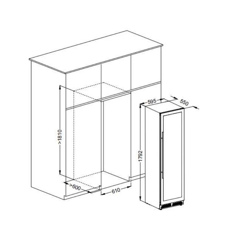 Diagrama técnico con las dimensiones de la vinoteca Le Chai LTN990S, que mide 1792 mm de alto, 595 mm de ancho y 550 mm de fondo. Requiere un hueco de al menos 1810 mm de alto, 600 mm de ancho y 610 mm de fondo para su instalación.