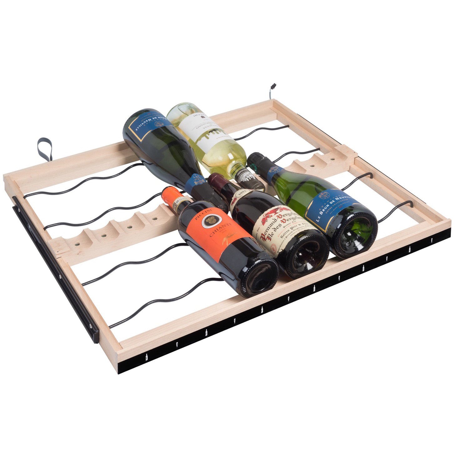 Vista de la Vinoteca multizona 149 botellas La Sommelière ECELLAR150 repleta de botellas en estantes de madera