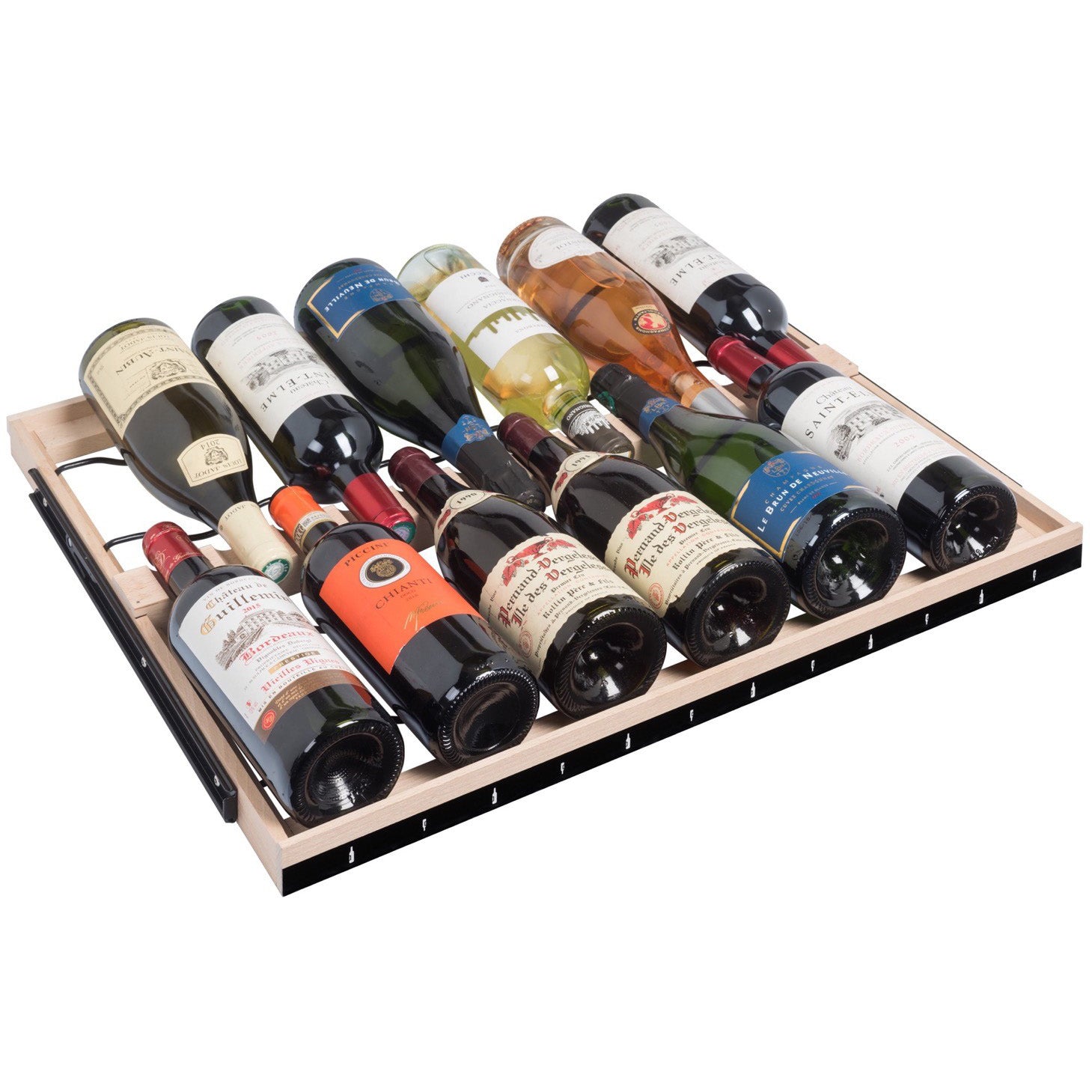 Vista de la Vinoteca multizona 149 botellas La Sommelière ECELLAR150 repleta de botellas en estantes de madera