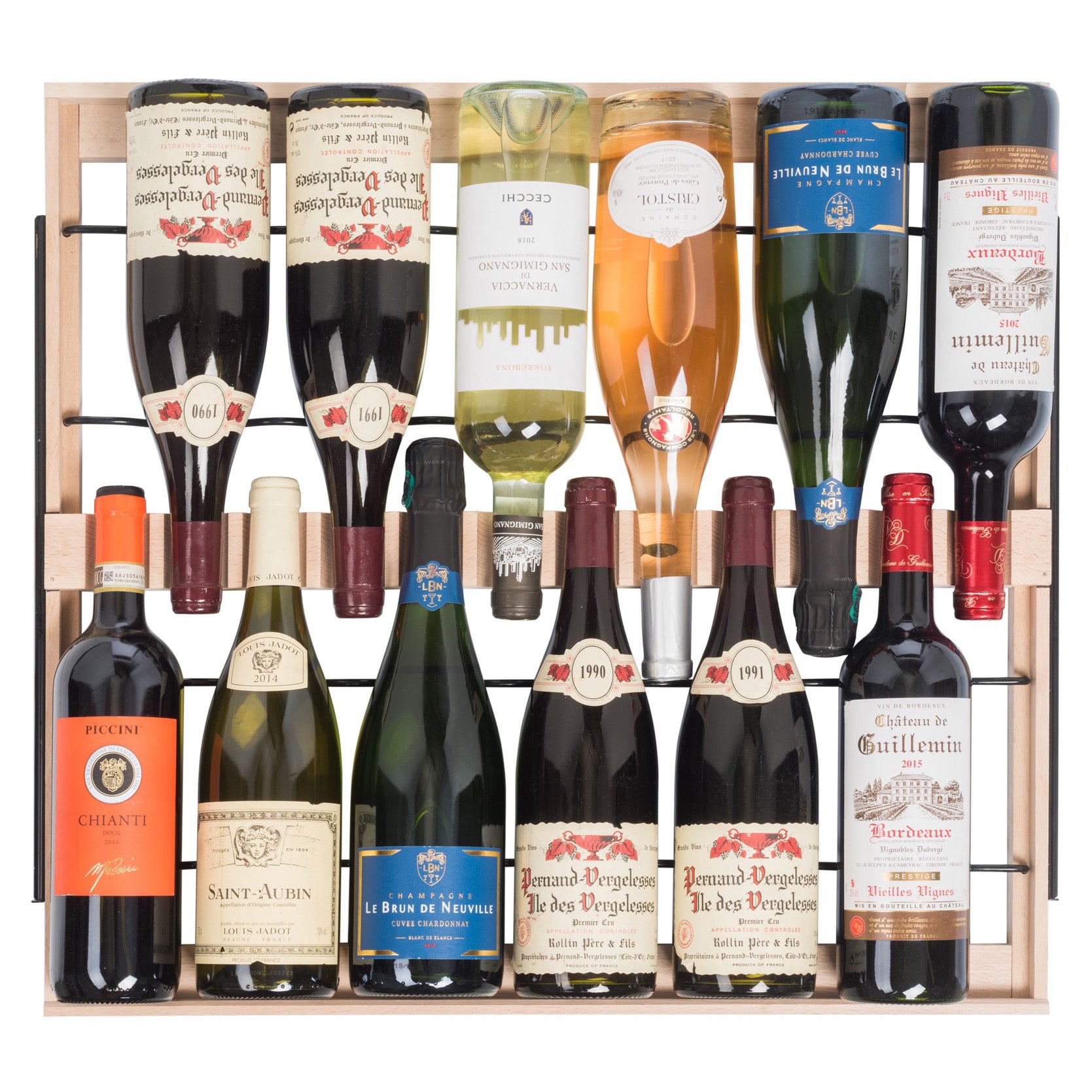 Vista de la Vinoteca multizona 149 botellas La Sommelière ECELLAR150 completamente abastecida con botellas de vino