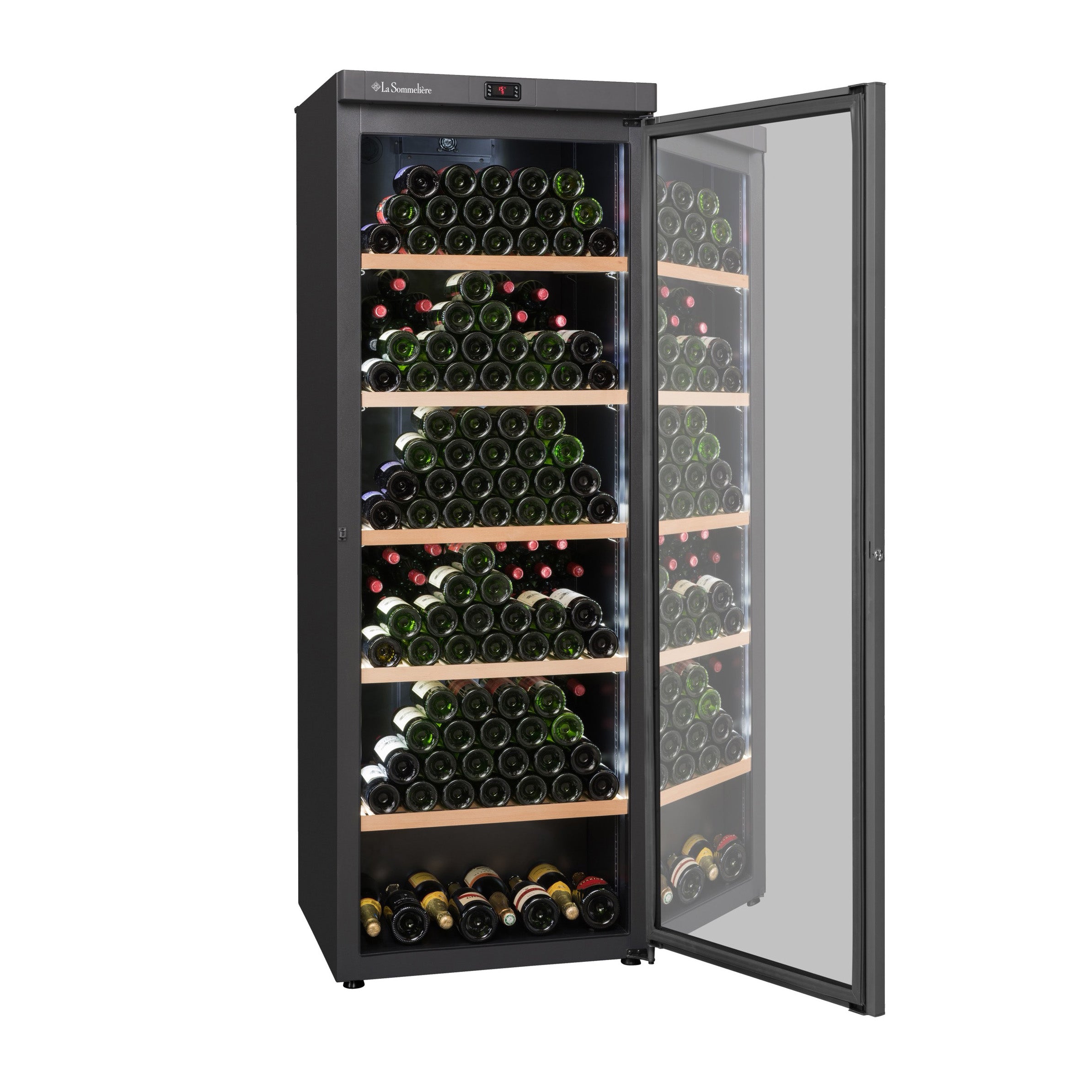 Vista de la Vinoteca 325 botellas La Sommelière VIP330VBLACK Triple zona completamente abastecida con botellas de vino