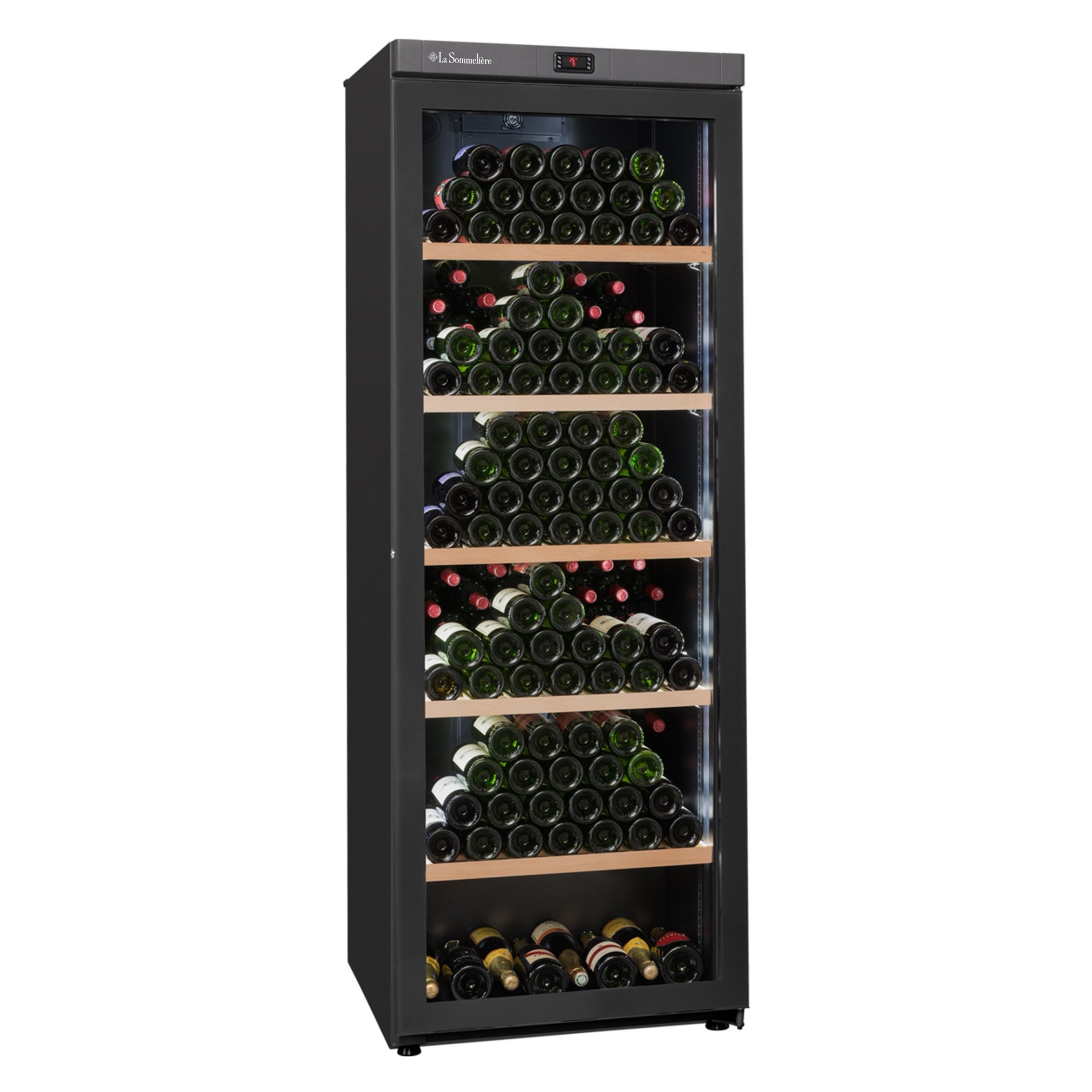 Vista de la Vinoteca 325 botellas La Sommelière VIP330VBLACK Triple zona con estantes de madera llenos de botellas