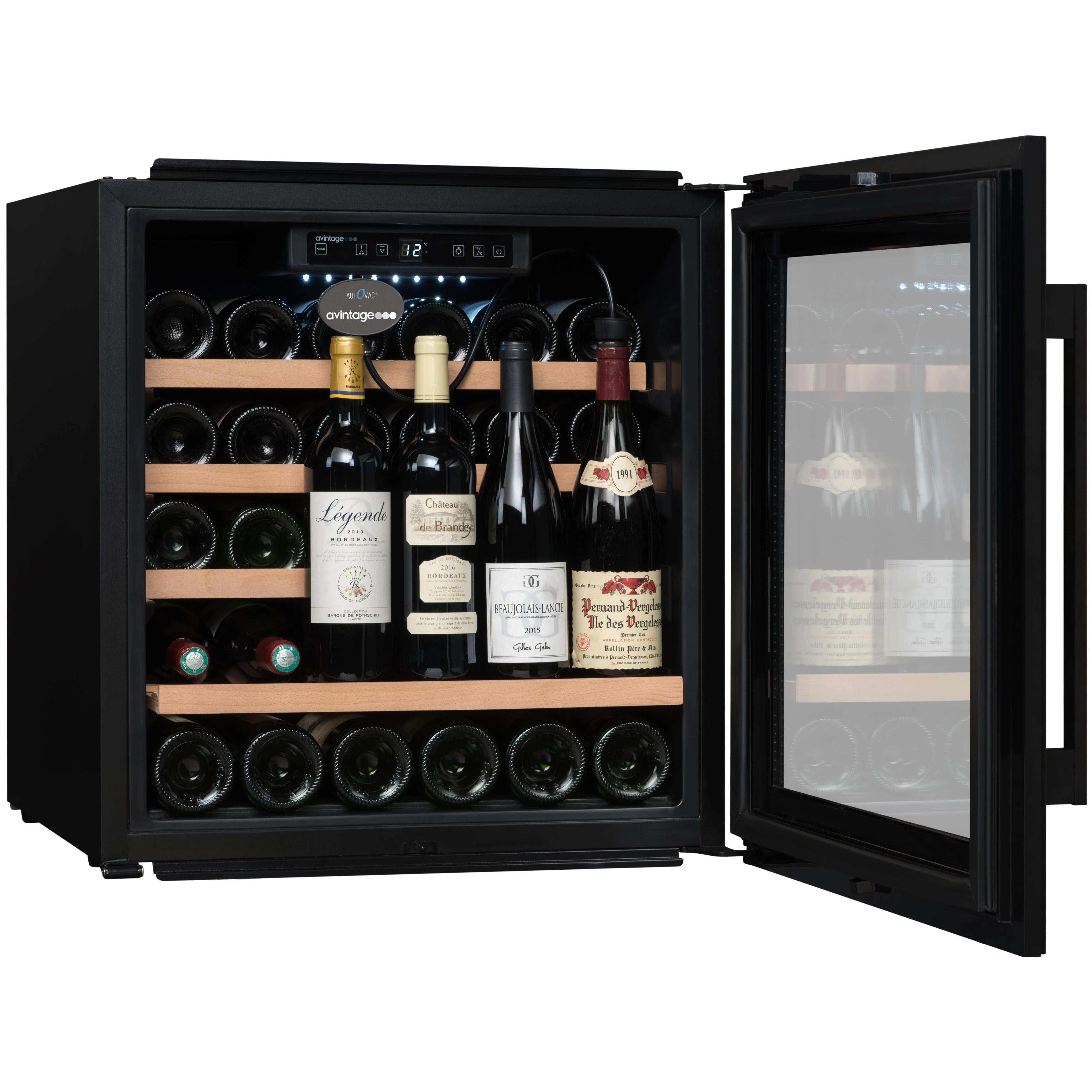 Vista de la Vinoteca encastrable Avintage 33 botellas AVI63CSZA doble zona con la puerta abierta.