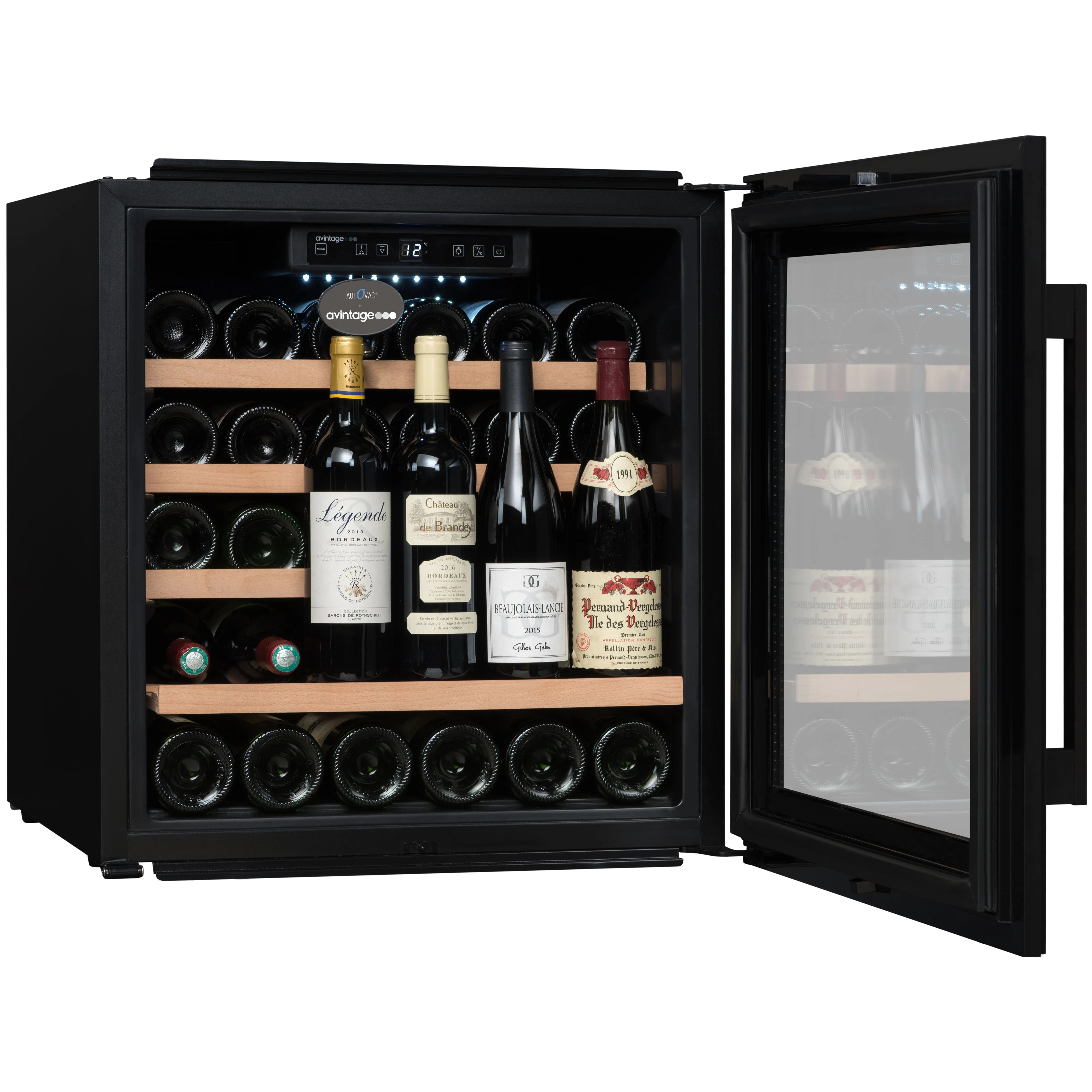 Imagen de la Vinoteca encastrable Avintage 33 botellas AVI63CSZA doble zona con puerta abierta.