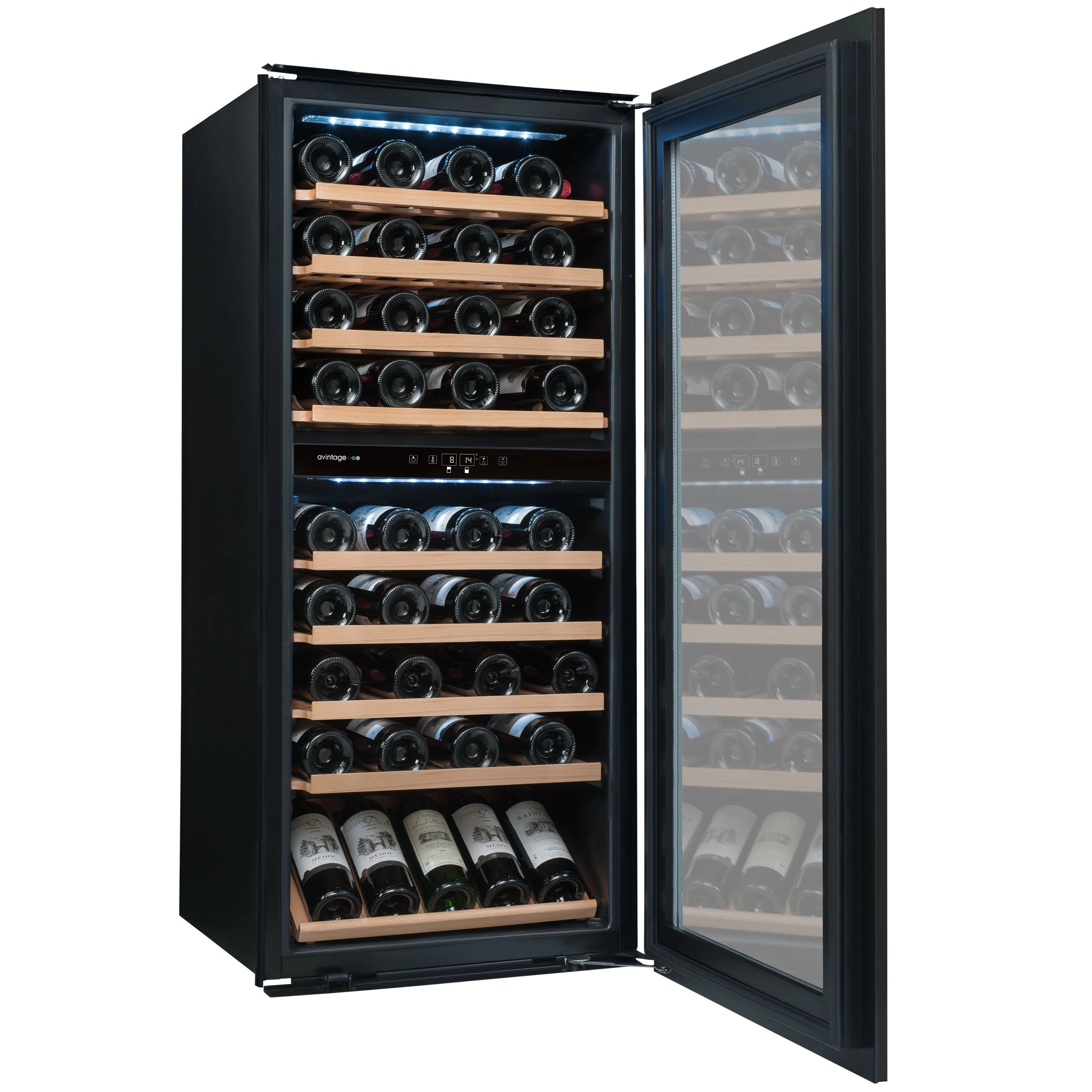 Imagen de la Vinoteca encastrable 79 botellas Avintage AVI82PREMIUM doble zona abierta para acceder al interior y cargada con botellas.