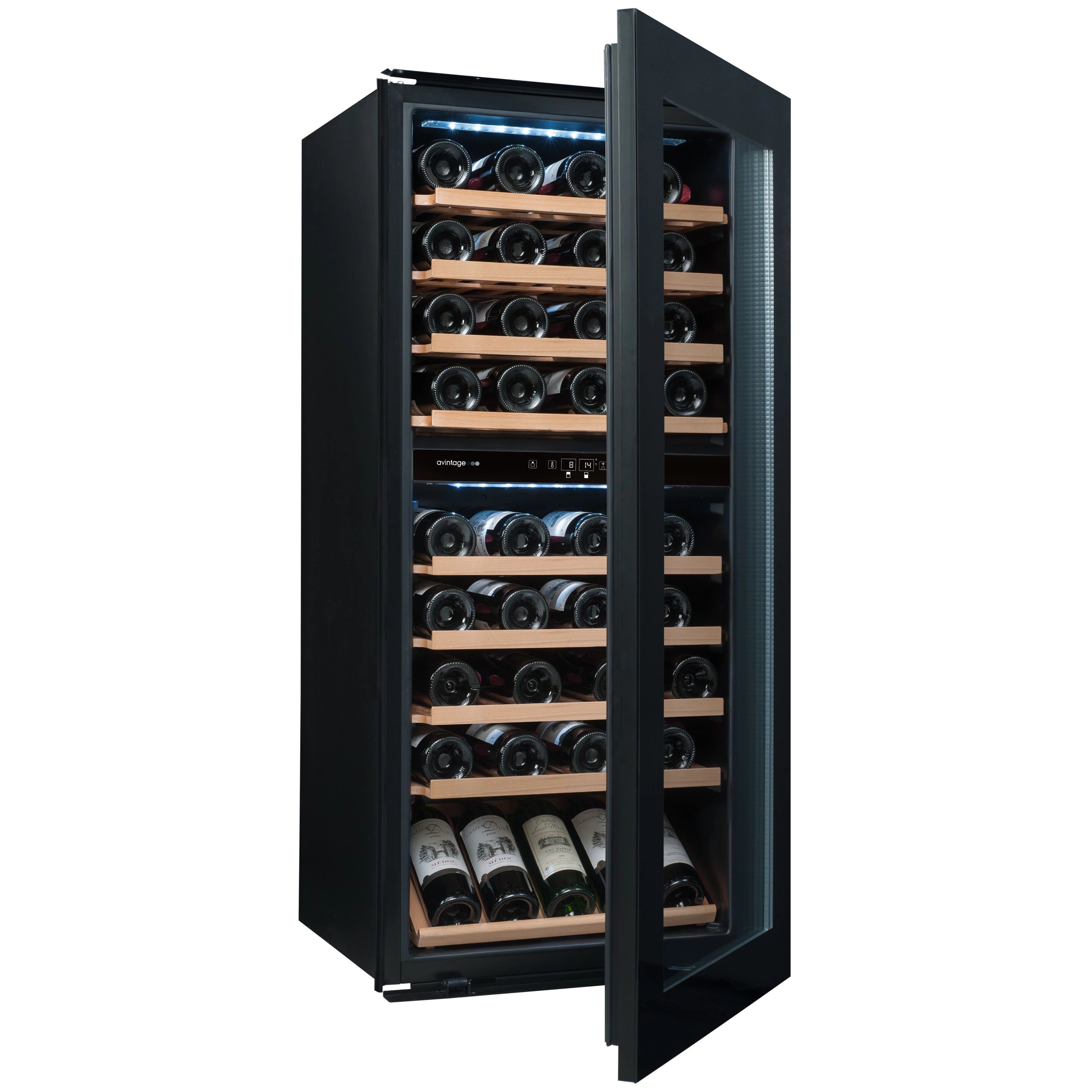 Fotografía de la Vinoteca encastrable 79 botellas Avintage AVI82PREMIUM doble zona con la puerta entreabierta y completamente abastecida de botellas.