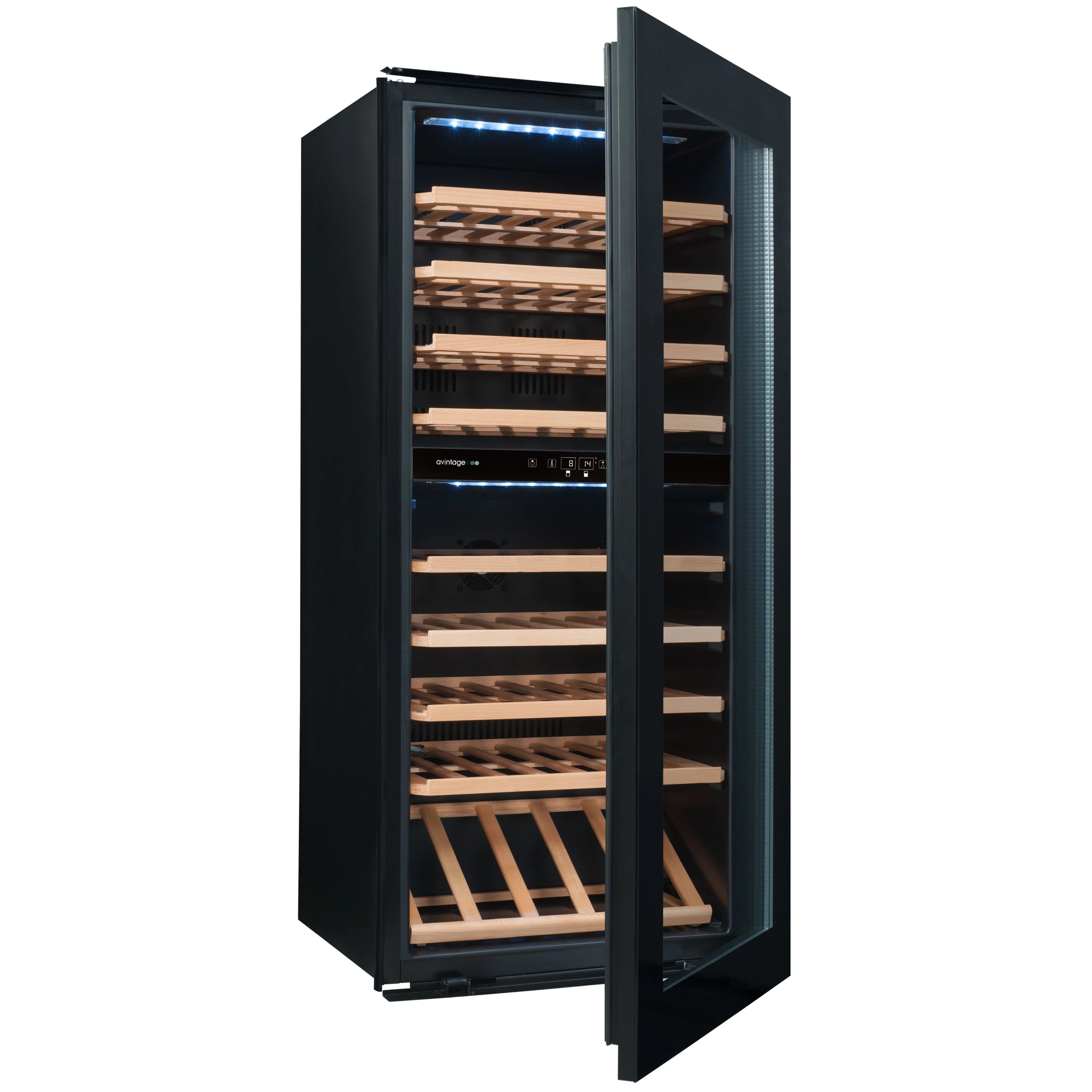 Vista de la Vinoteca encastrable 79 botellas Avintage AVI82PREMIUM doble zona con puerta semiabierta y vacía y lista para usar.