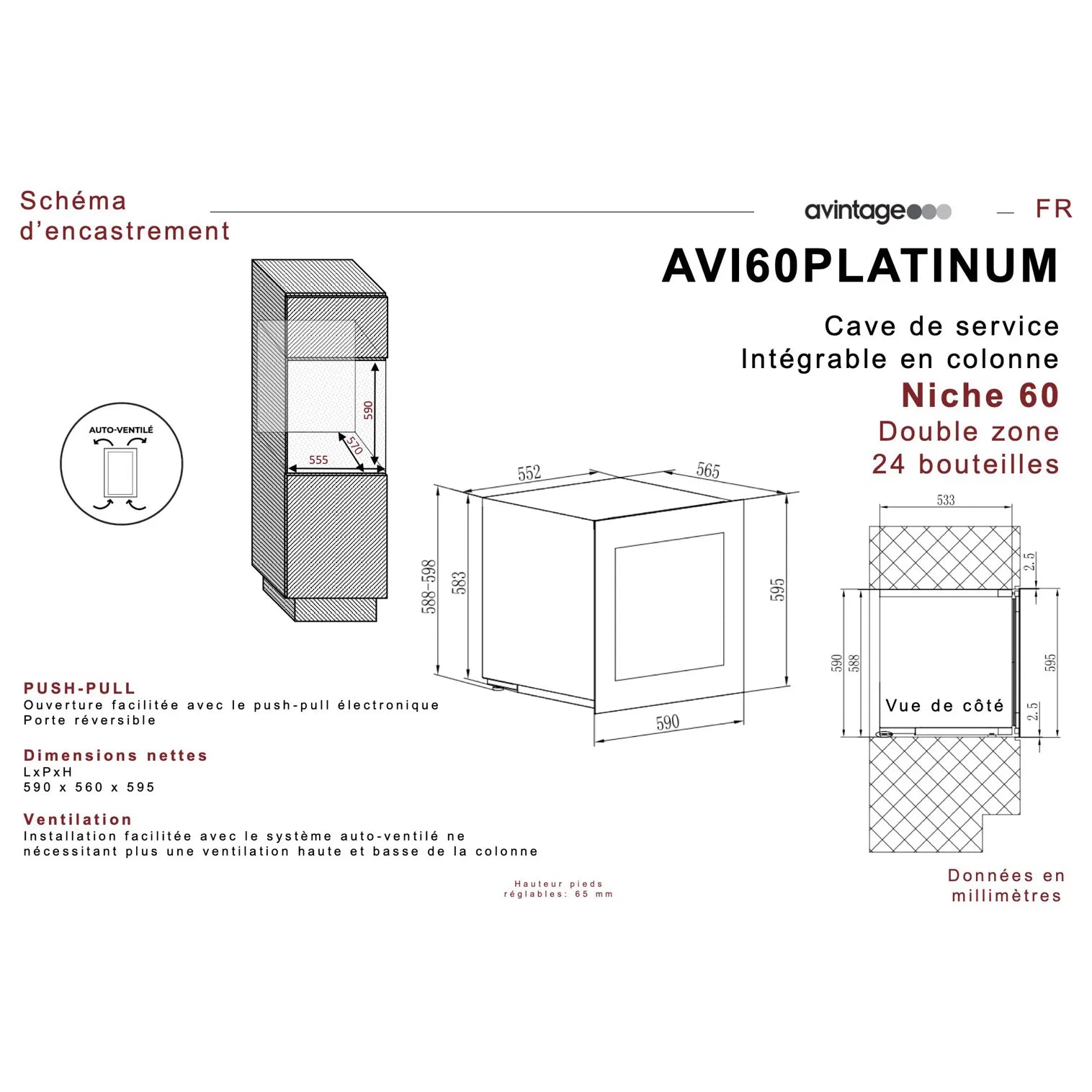 Built-in column Wine Cooler 24 bottles Avintage AVI60PLATINUM Dual-zone - OUTLET