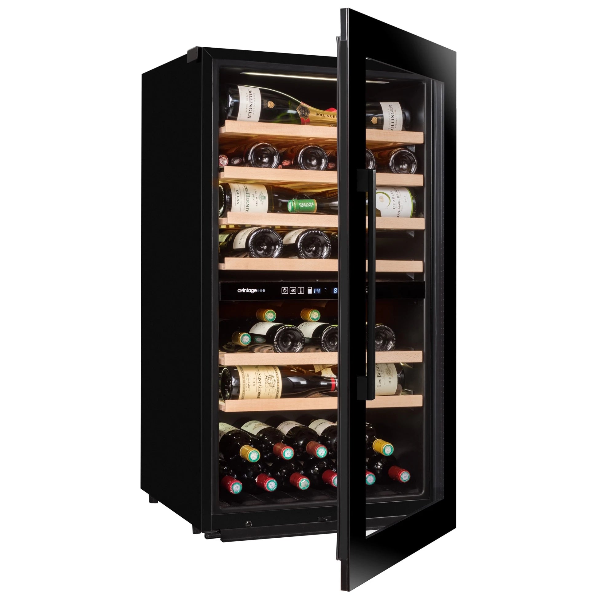 Imagen lateral de la Vinoteca encastrable 76 botellas Avintage AVI76CDZ doble zona con la puerta entreabierta.
