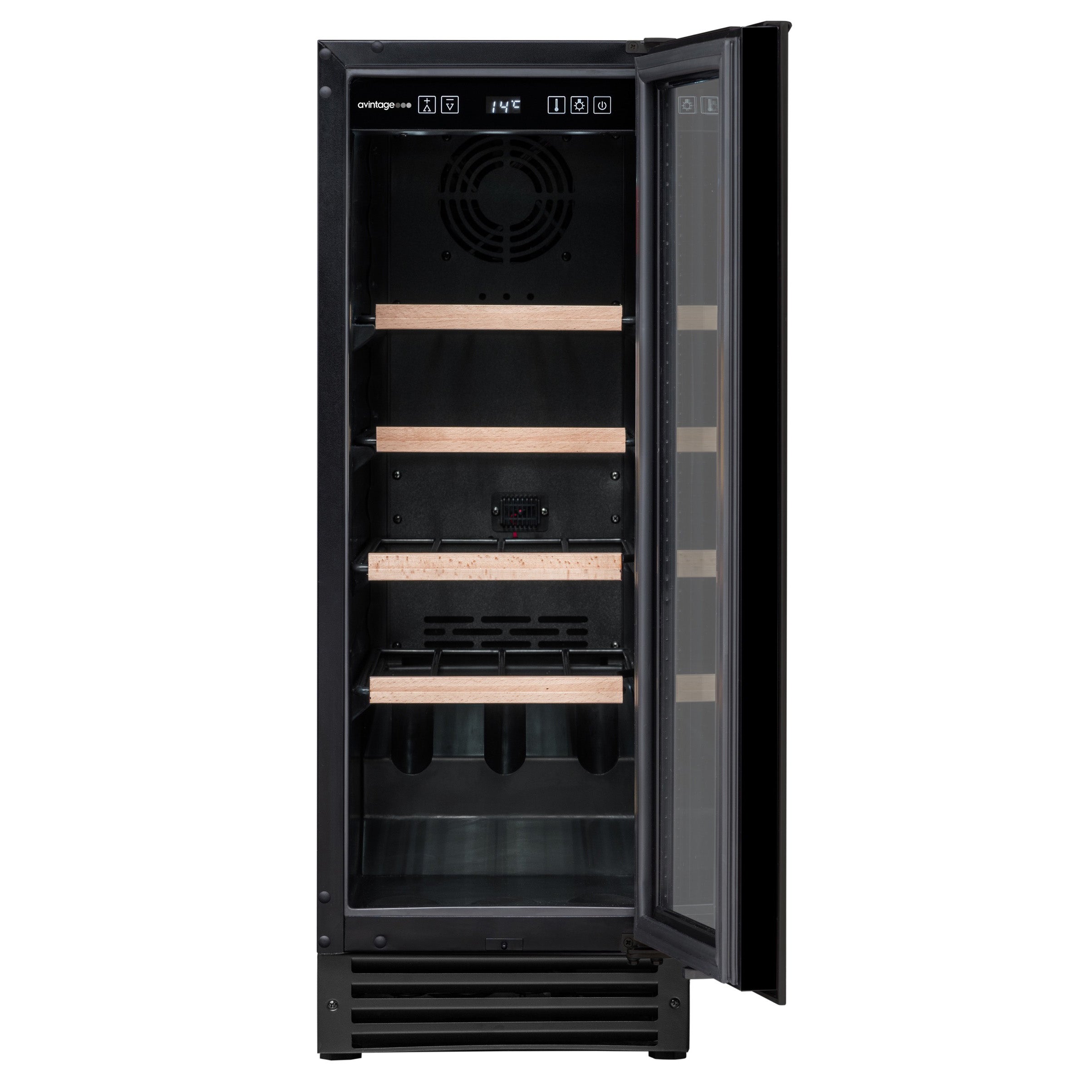 Vista de la Vinoteca 22 botellas Avintage AVU23TB1 negra con la puerta abierta y con interior vacío.