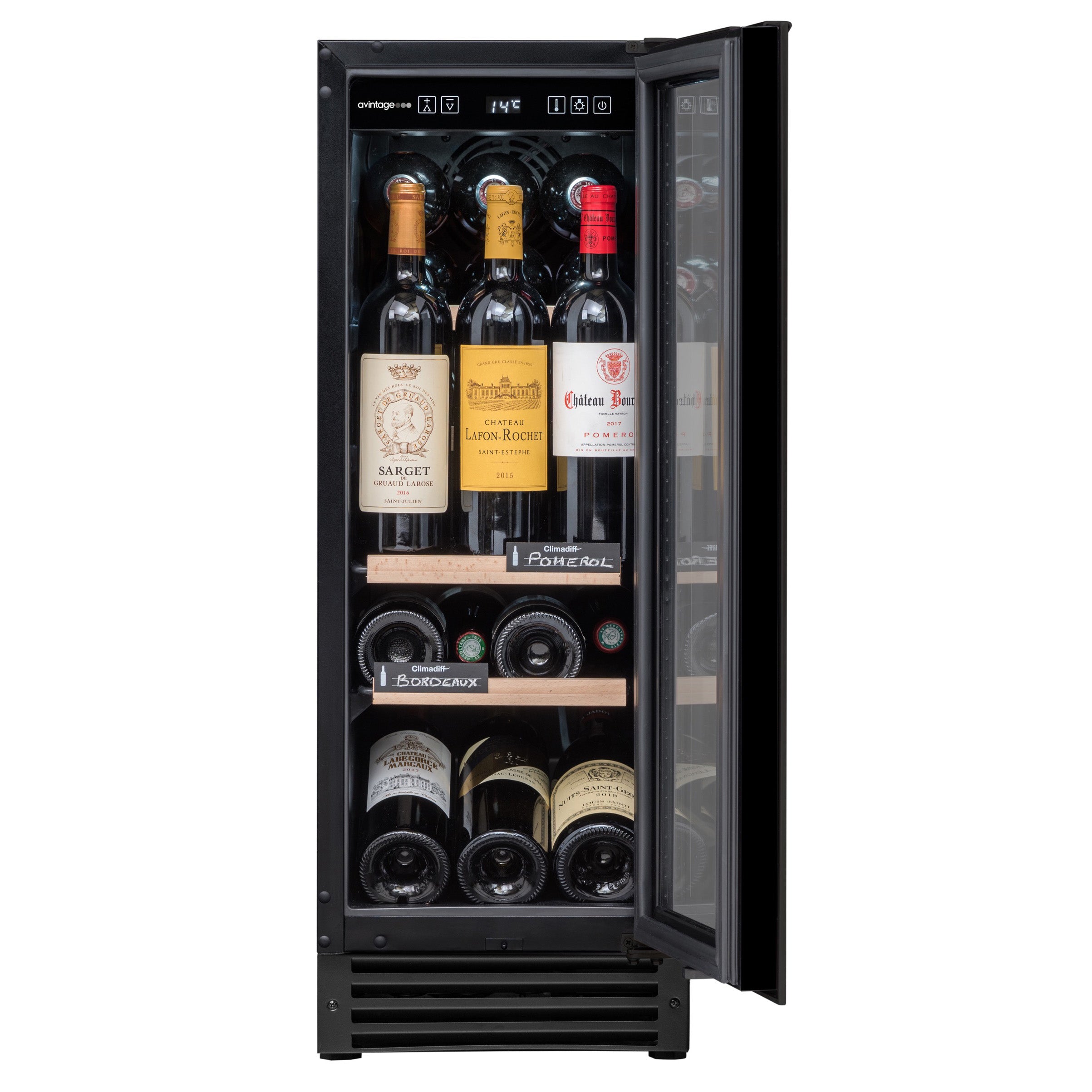 Fotografía de la Vinoteca 22 botellas Avintage AVU23TB1 negra abierta para acceder al interior.