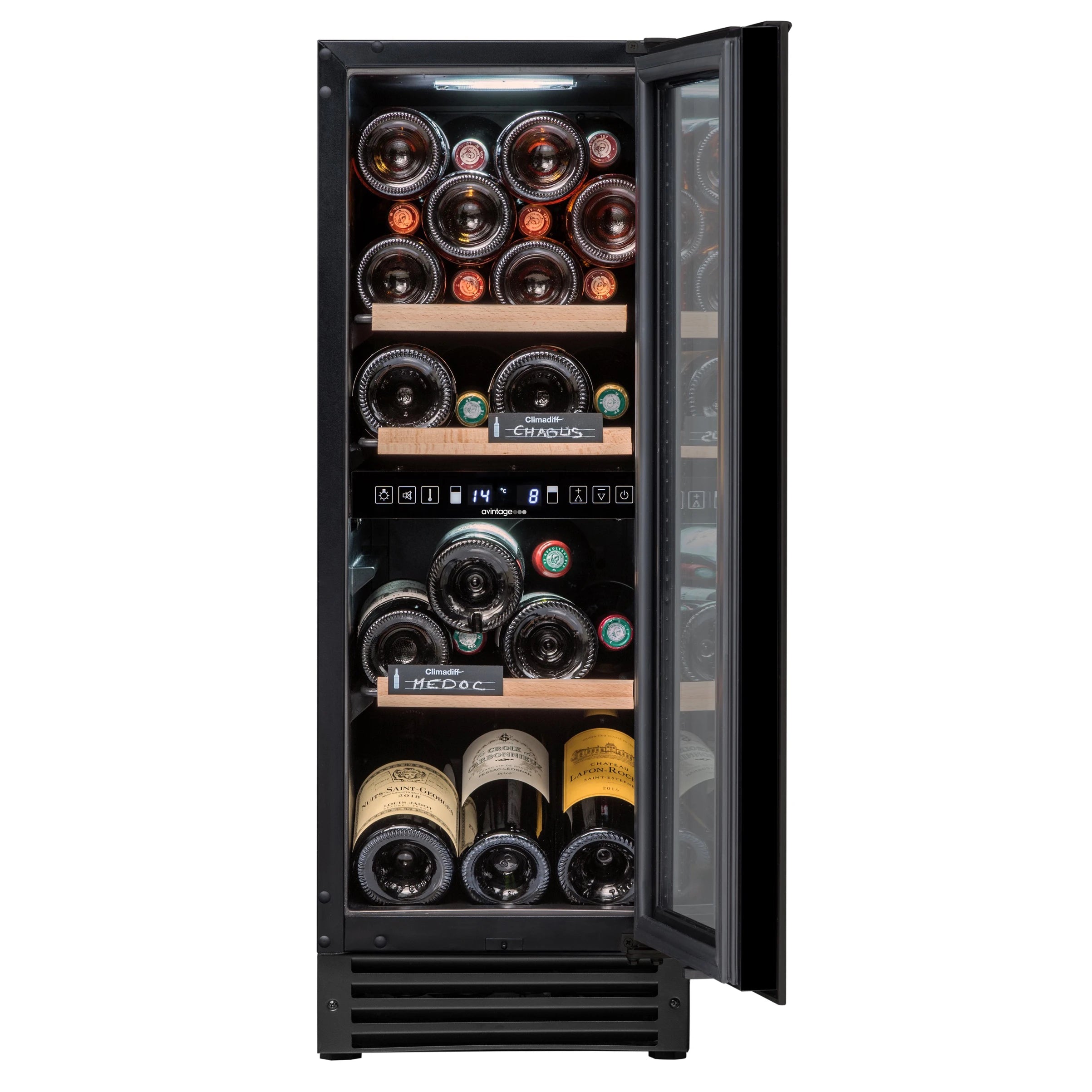 Imagen de la Vinoteca 25 botellas Avintage AVU27TDZB1 doble zona abierta para acceder al interior y estantes repletos de botellas.